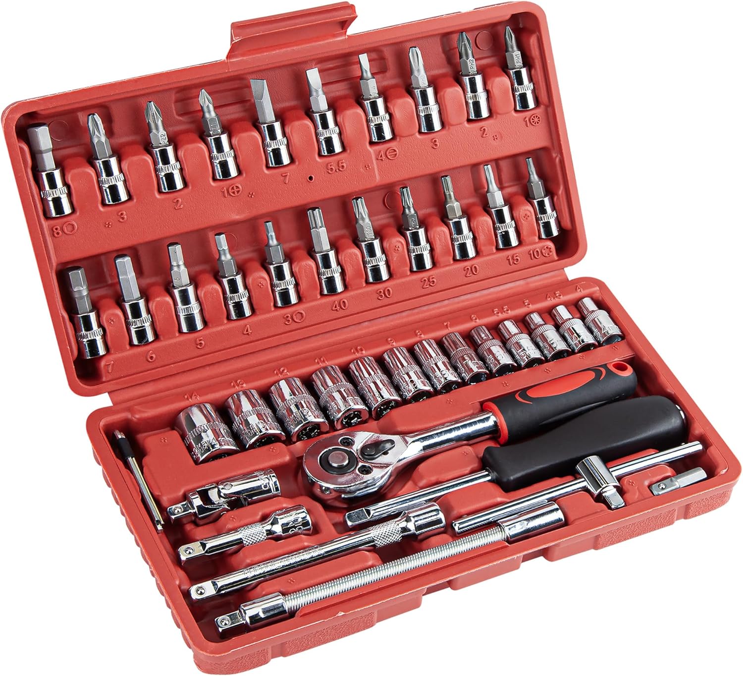 CARTMAN 46 Pieces 1/4 inch Drive Socket Ratchet Wrench Tool Set with Bit Socket Set Metric and Extension Bar for Auto Repairing and Household with Storage Case