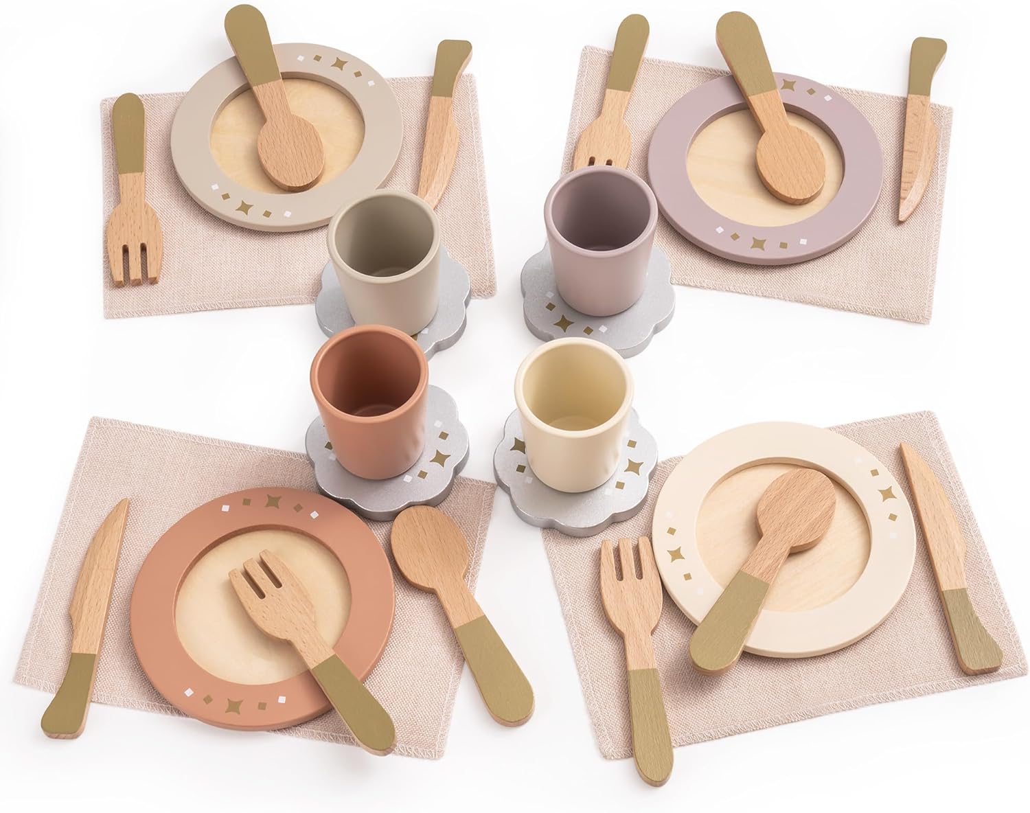 ROBUD Wooden Play Kitchen Dishes Set, 29PCS Kids Toy Plates and Cutlery for Pretend Play Food Toy Kitchen Accessories, Kids Gifts for Girls Boys (4-Set)