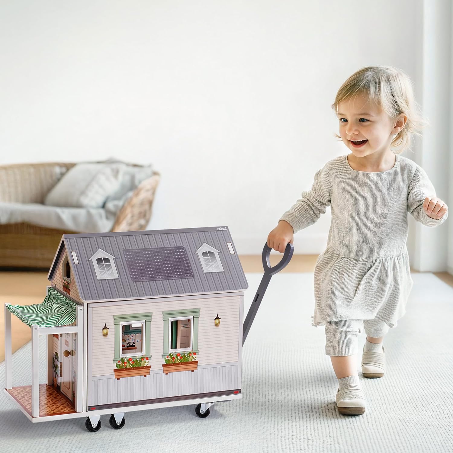 ROBUD Doll House - Wooden Realistic Camper Van Dollhouse with Handle & Wheels, Includes Mini Kitchen, Bar, Bedroom & Outdoor Dining Area for Kids Ages 3+