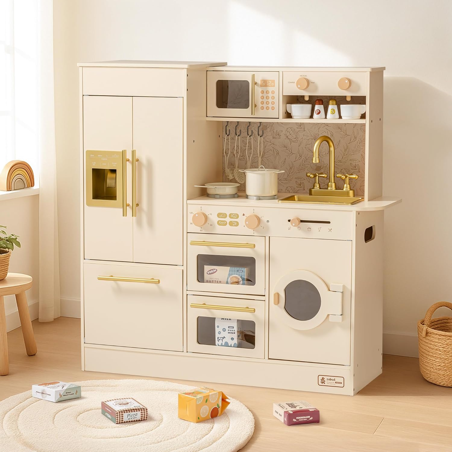 ROBUD Wooden Play Kitchen, Kids Kitchen Playset, Toy Kitchen Set with 17 Realistic Accessories, Ideal Gift for Kids & Toddlers, Age 3+ (White)