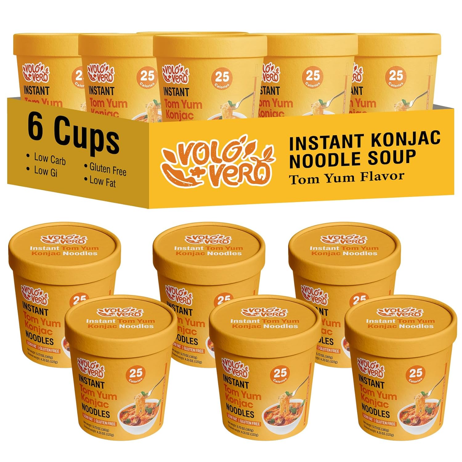 VOLO VERO Konjac Noodle Instant Soup Cup Tom Yum Flavor, 6 Packs, Gluten Free, Vegan, Low Carb, Low Calorie, Low Sugar, Keto Shirataki Noodles Angel Hair Pasta, Healthy Diet Food, Holiday Gifts