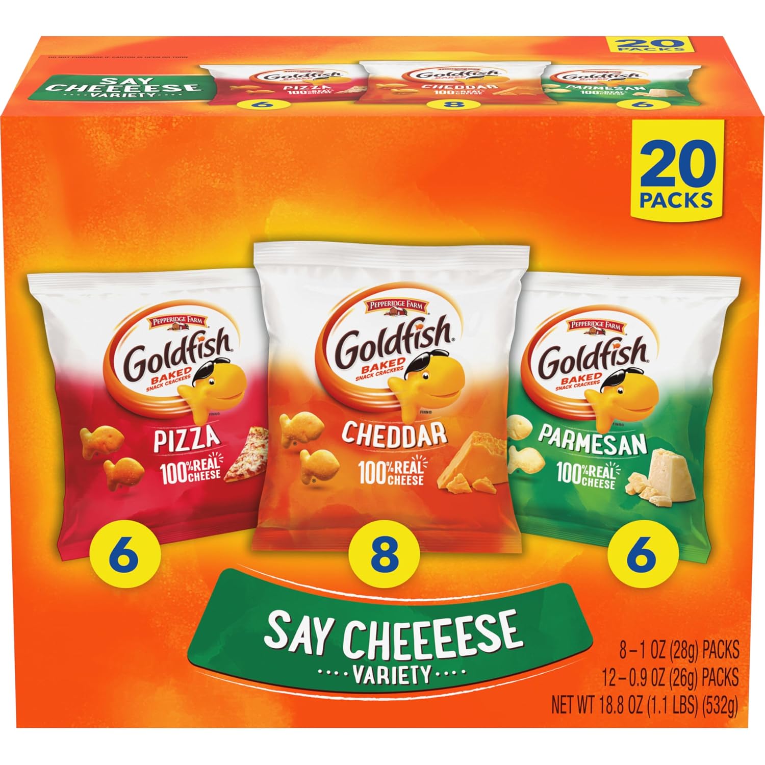 Goldfish Say Cheeeese Cheese Cracker Snack Packs, 20 Count Variety Pack