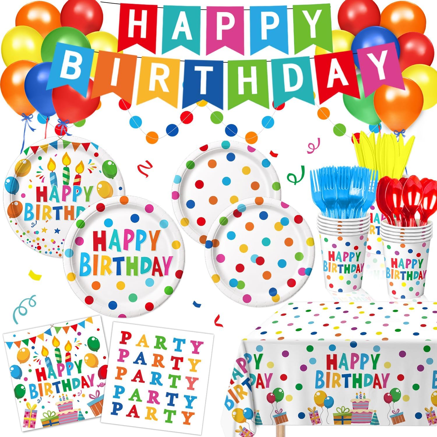 Happy Birthday Decorations - Colorful Dots Birthday Party Supplies Includes Plates, Napkins, Cups, Cutlery, Banner, Hanging Swirl, Tablecloth, Balloons for Kids Boys Girls, Serves 24