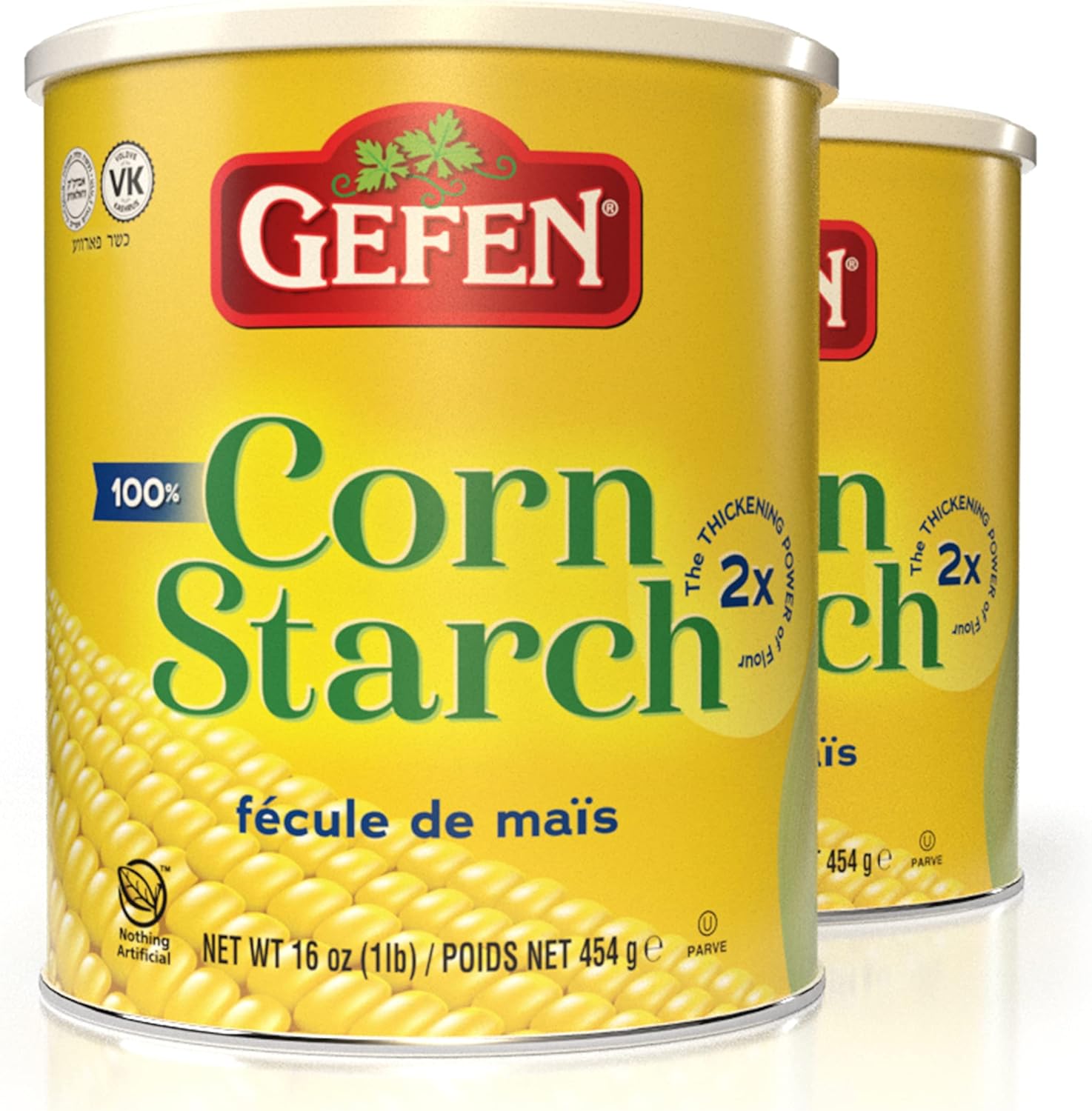 Gefen Corn Starch 100% Pure, 454g (Pack of 2) Resealable Lid, Gluten Free Thickener, Just One Ingredient