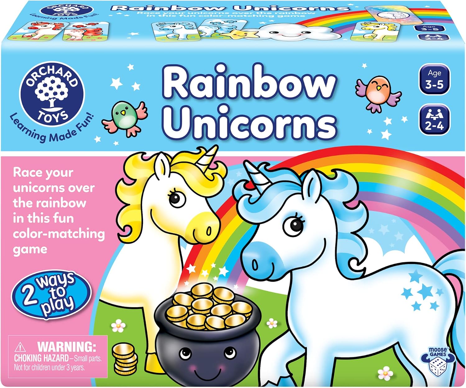 Orchard Toys Moose Games Rainbow Unicorns Game. Race Your Unicorns Over The Rainbow to a Pot of Gold in This Magical, Fun Color-Matching Game! Ages 3+ for 2-4 Players