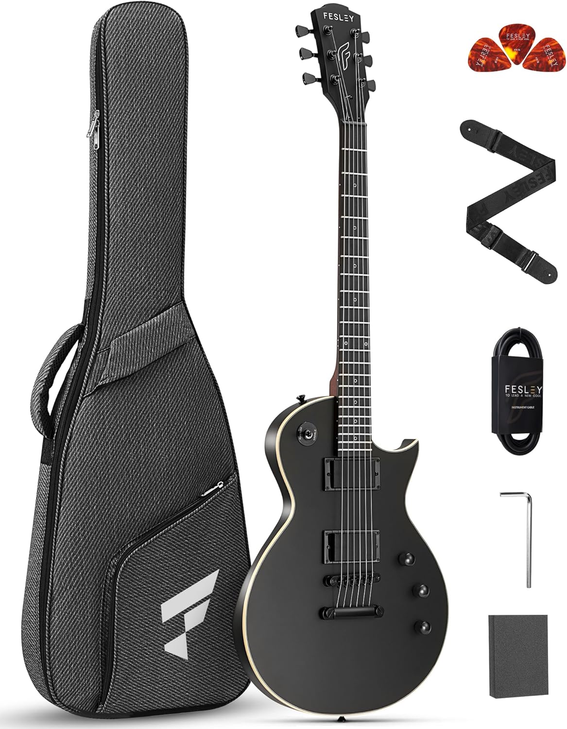 Fesley 39" LP Electric Guitar Kit: Full Size Solid Body Electric Guitars for Beginners with Humbucker Pickups, Poplar Body, Mahogany Neck,22 Frets,6 String Guitar with Gig Bag,Cable,FLP350,Matte,Black