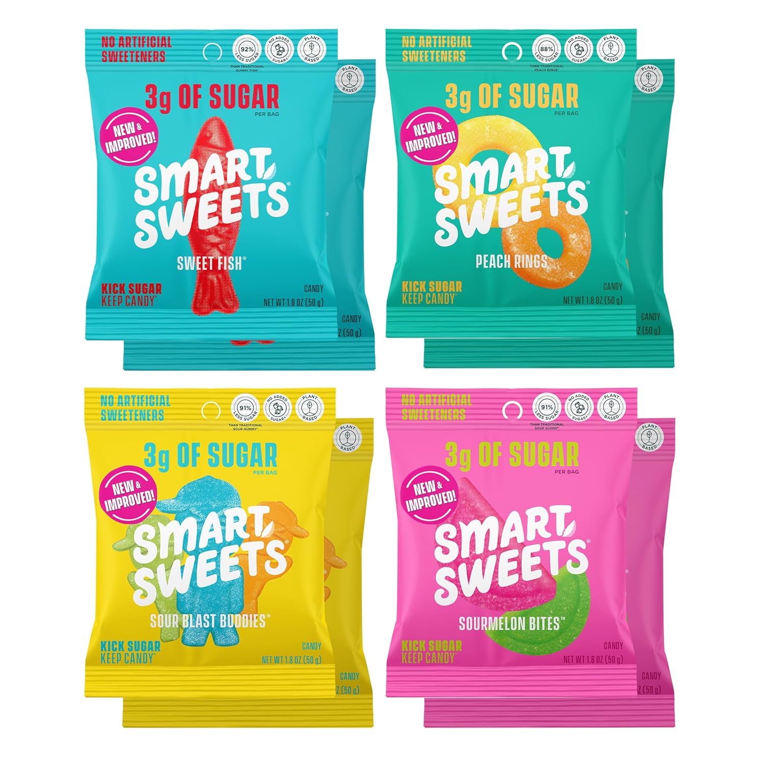 SmartSweets Variety Pack, 1.8oz (Pack of 8), Candy With Low Sugar & Calorie, Healthy Snacks For Kids & Adults - Sweet Fish, Sourmelon Bites, Peach Rings, Sour Blast Buddies