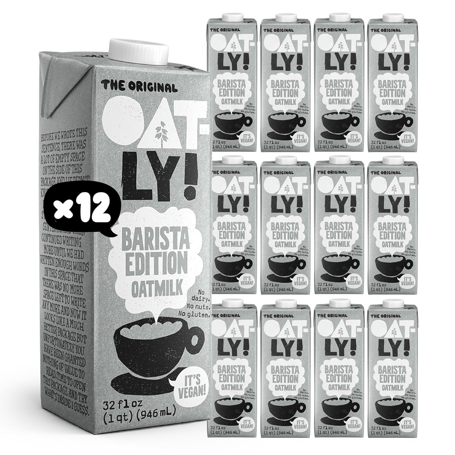 Oatly Barista Edition Oat Milk - Crafted for Coffee | Dairy-Free, Plant-Based, Shelf-Stable Milk that makes Perfect Foam (32 oz, 12-pack)