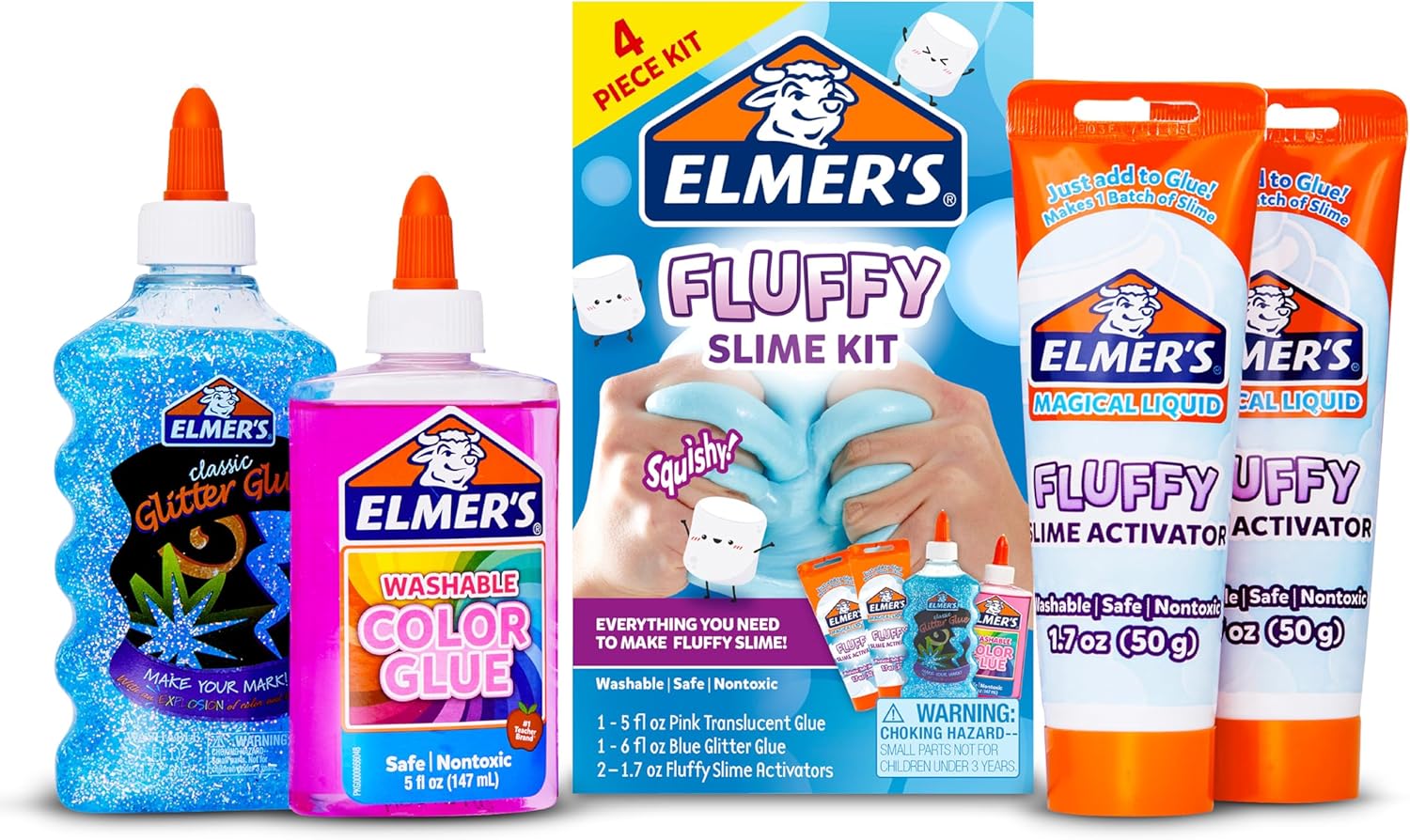 Elmer’s Fluffy Slime Kit, Includes Translucent Color Glue, Glitter Glue, Fluffy Slime Activator, 4 Count - Perfect for Parties, Gift, Activity Time