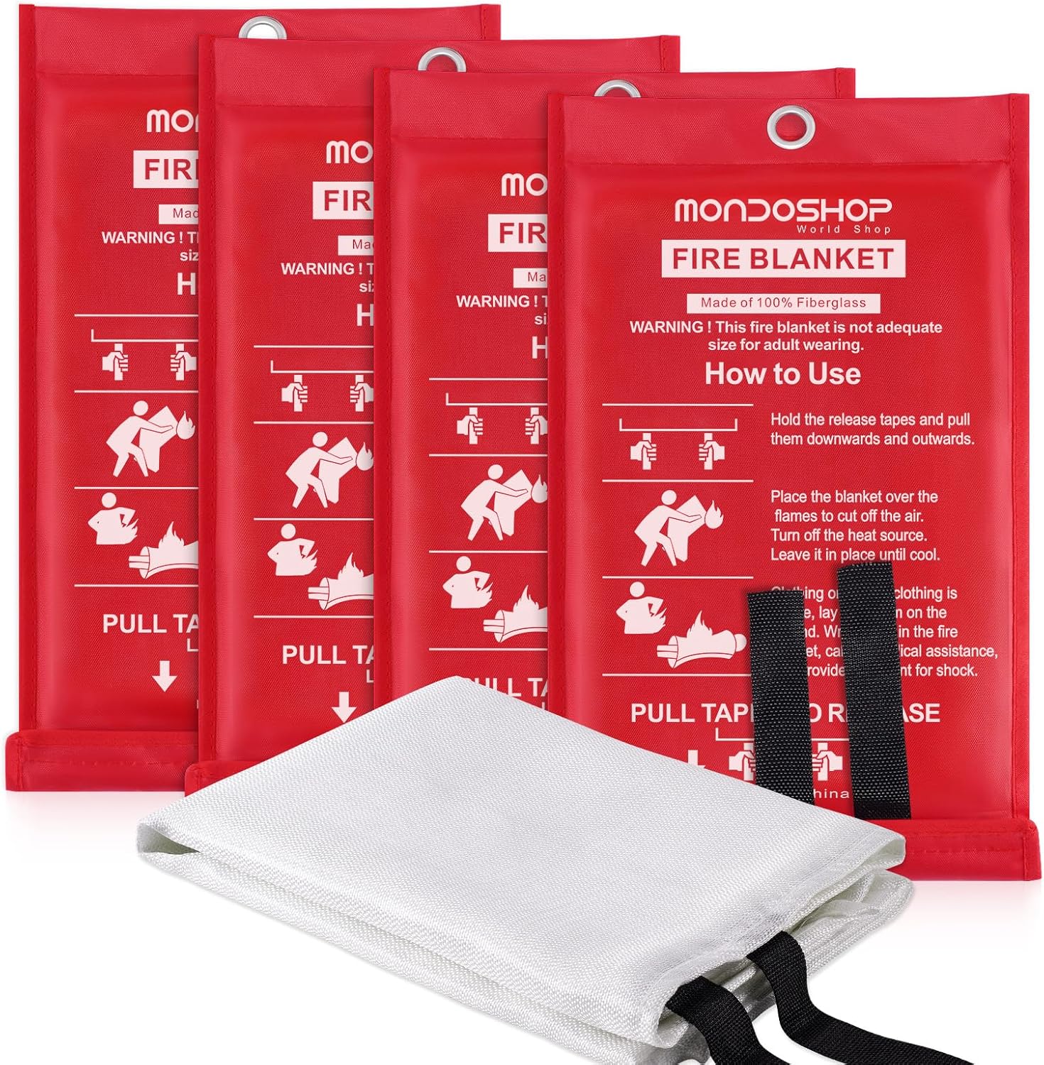 Kitchen Fire Blanket Emergency for Home - Mondoshop TUV Certified Fire Resistant Blanket for Car, Office, Warehouse, Fireplace, Camping, Picnic, Campervan, House, Commercial, Household (4-Pack)