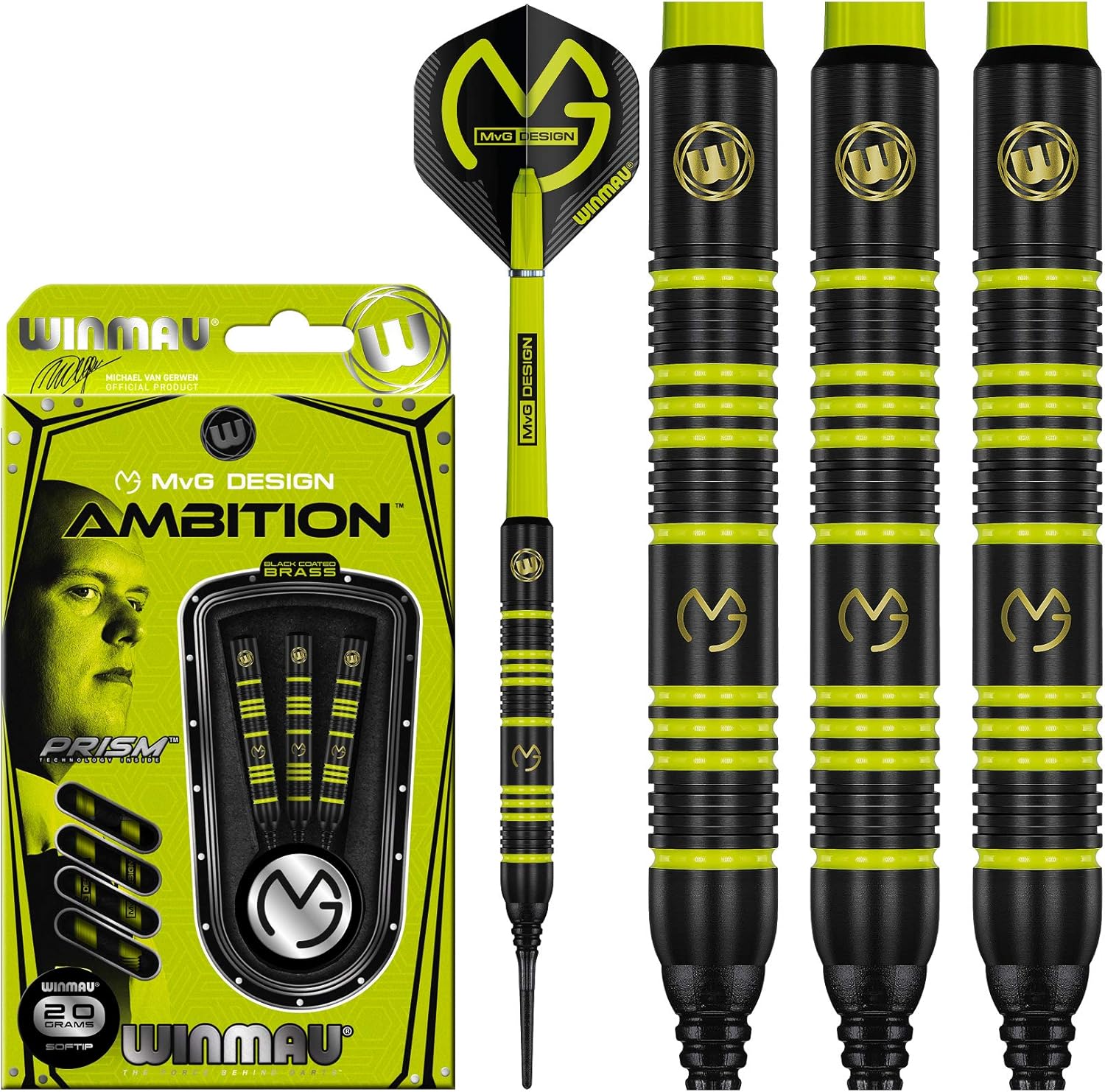WINMAU Michael Van Gerwen MvG Ambition Professional Brass Darts Set with Flights and Shafts Available in Steeltip and Softip