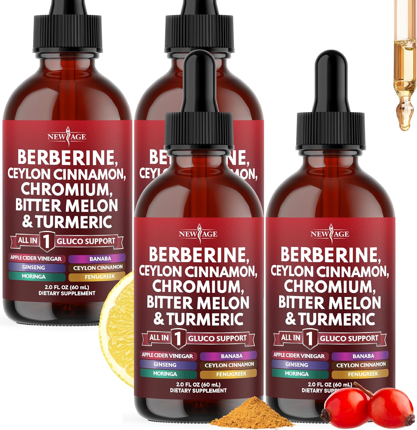 Berberine with Ceylon Cinnamon Supplement Liquid Drops + Bitter Melon Extract, Glucomannan, Gymnema, Chromium, Turmeric, Panax Ginseng, Moringa- 8 OZ