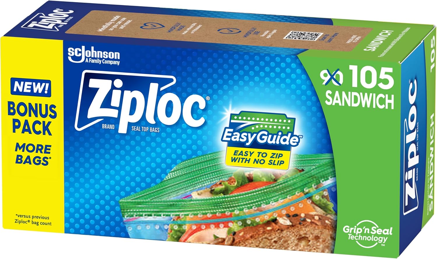 Ziploc Sandwich and Snack Bags with EasyGuide Texture, Plastic Storage Bags with Grip 'n Seal Technology, 105 Bags Total
