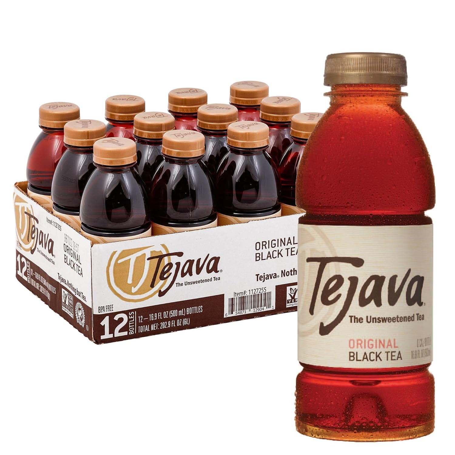 Tejava Original Unsweetened Black Iced Tea, 12 Pack, 16.9oz PET Bottles, Non-GMO, Kosher, No Sugar or Sweeteners, No calories, No Preservatives, Brewed in Small Batches