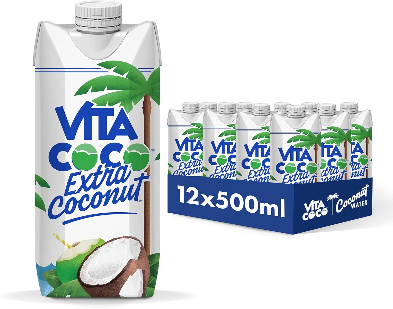 Vita Coco Extra Coconut Water 500 ml x 12, Pressed Coconut Water, Coconut Taste, Packed With Electrolytes, Gluten Free, Full of Vitamin C and Potassium