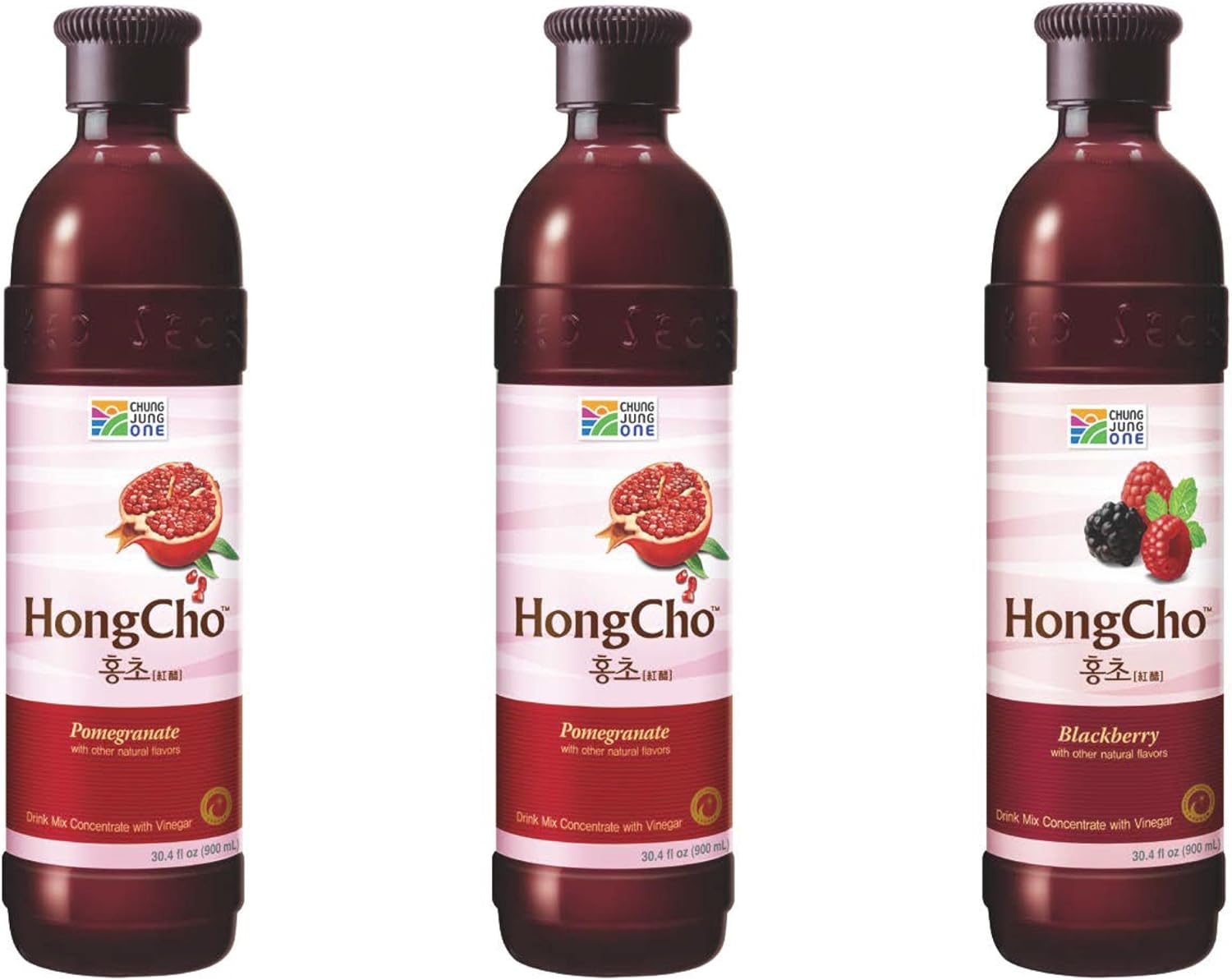 (Limited Quantity/Special Edition) Chung Jung One Hong Cho Drink Mix Concentrate with Vinegar (30.4oz) (900ml) 2 Pomegranate + 1 Blackberry (Pack of 3)