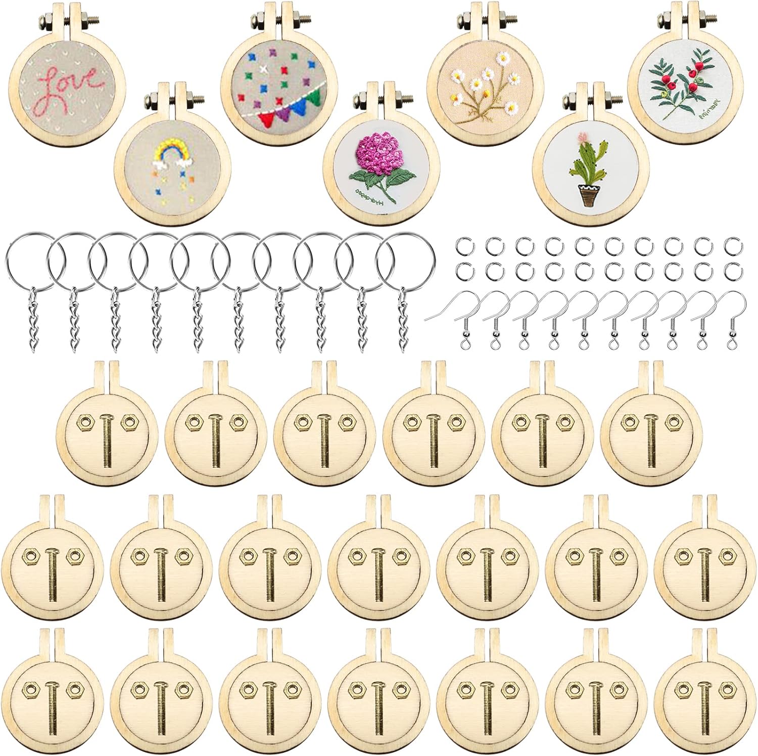 ZOCONE 20 Packs Mini Embroidery Hoops, Small Ring Tiny Embroidery Hoops with Keychain Earring Hooks Jump Rings, Round Wood Hoops for DIY Embroidery Necklace Jewelry Pendant and Keychain