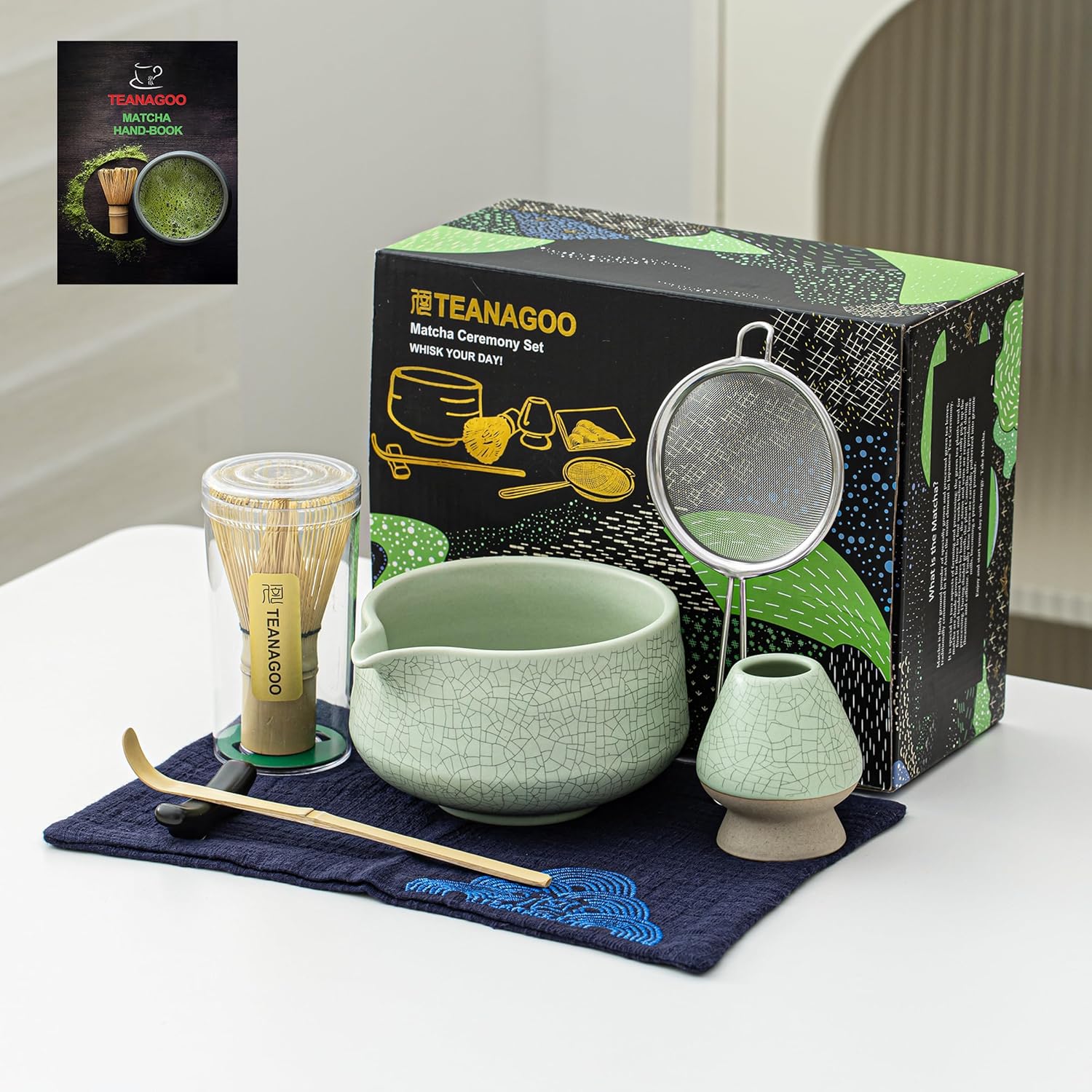 TEANAGOO Matcha Whisk Set, 7 Pcs Matcha Set, Matcha Kit for Ceremony, Matcha Tea Set for Making Breakfast/Latte, Green Matcha Bowl(Chawan) Whith Spout and Whisk, Gift for Matcha Lover