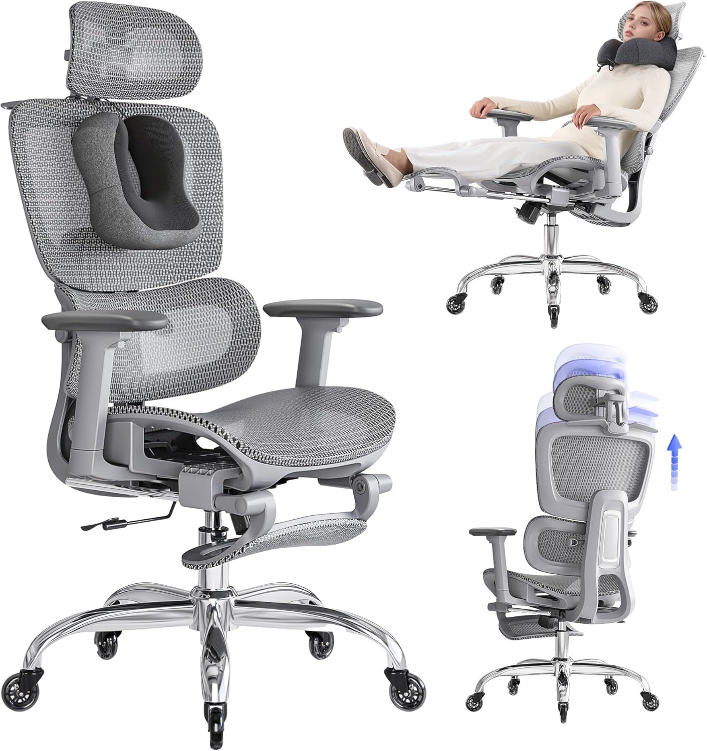 LarkLeaves Ergonomic Office Chair with Footrest for Gaming and Study, 5-Level Adjustable Backrest, 2D Lumbar Support, 3D Armrests, Mesh Design with Neck Pillow & Rubber Wheels, 145° Reclining, Grey