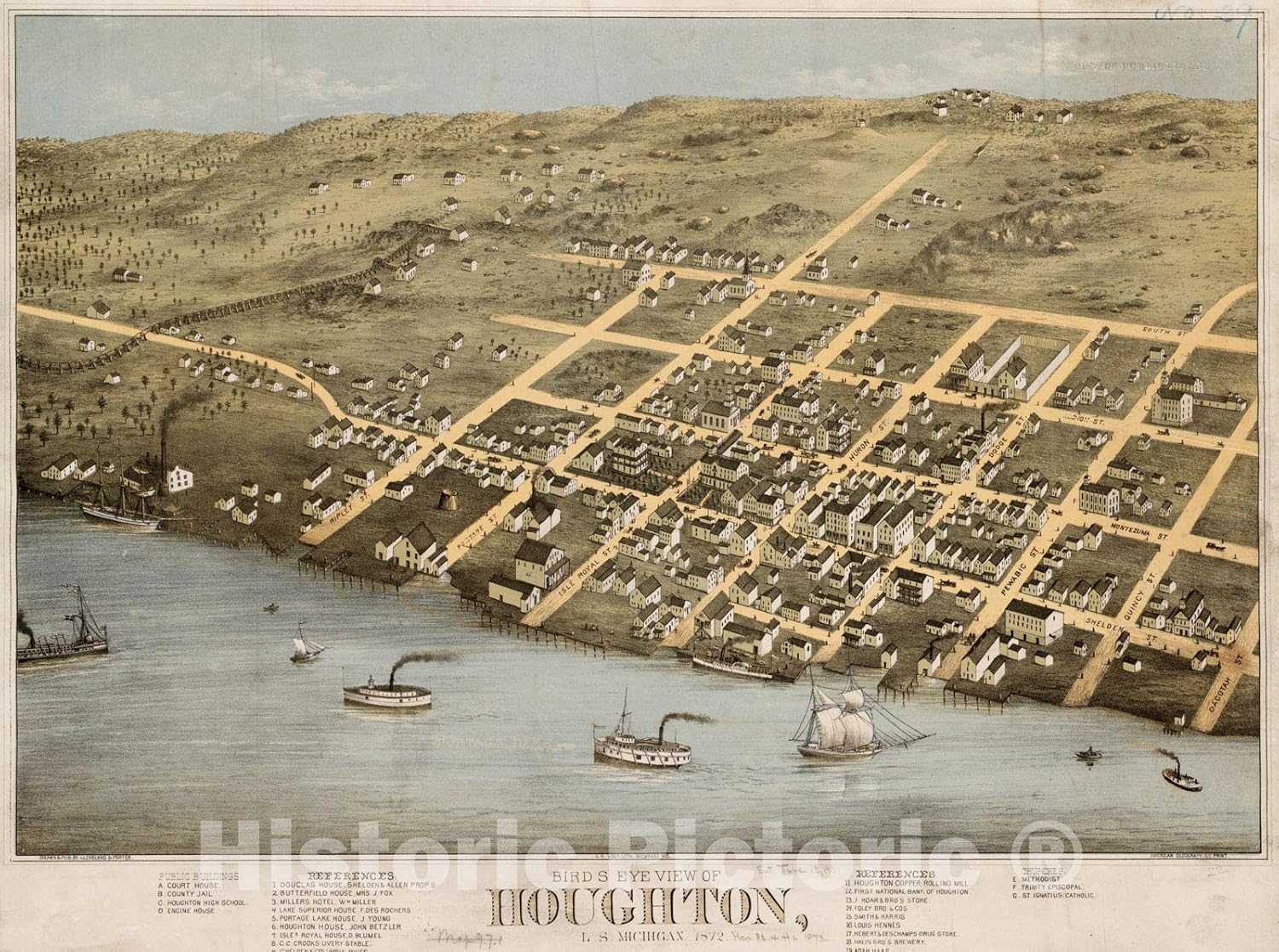 Historical Map, Bird's Eye View of Houghton, L.S, Michigan, 1872 : Looking South East, Vintage Wall Art : 59in x 44in