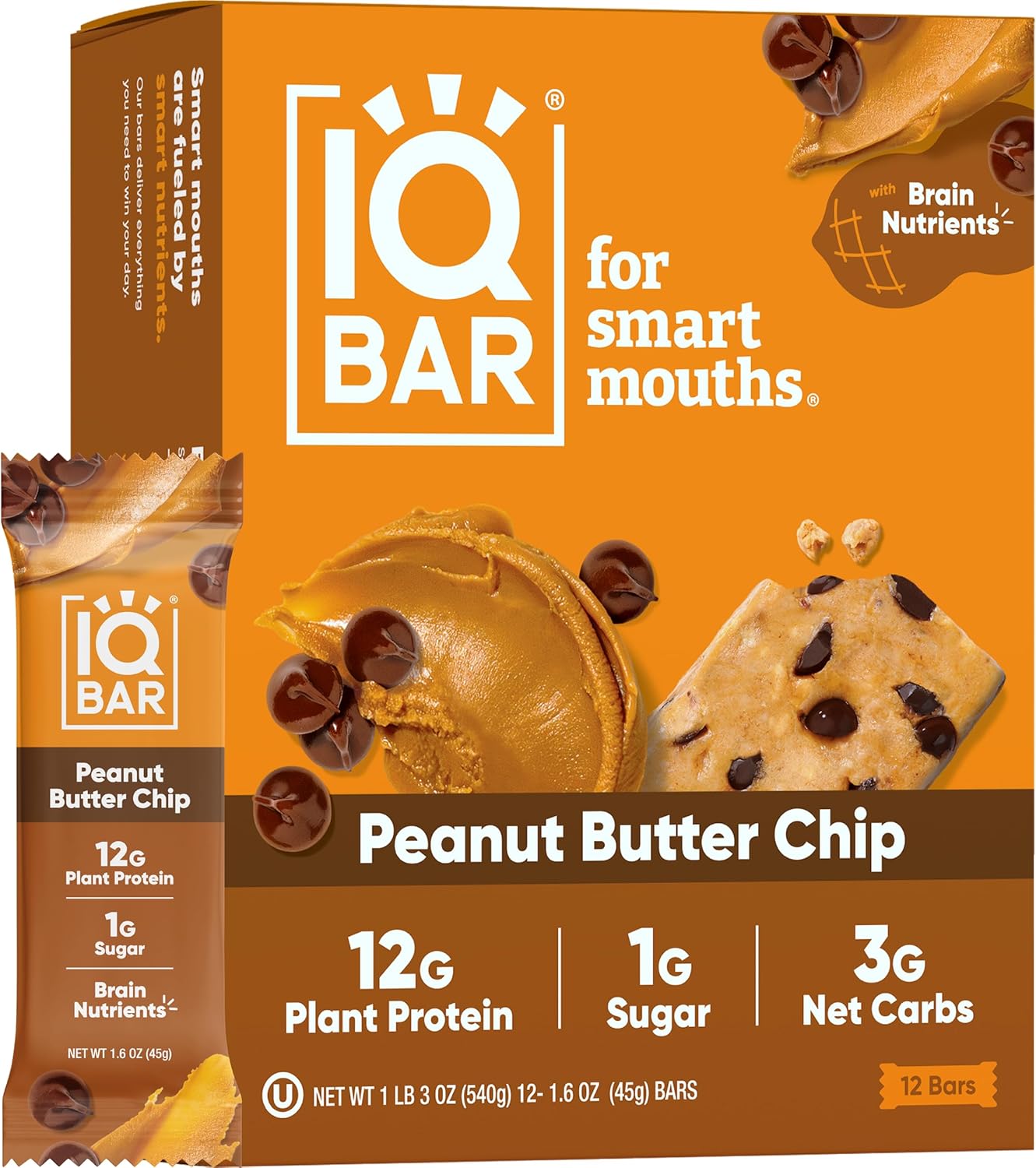 IQBAR Peanut Butter Chip Keto Protein Bars, 12-Count, Gluten Free, Low Carb, Vegan Snacks