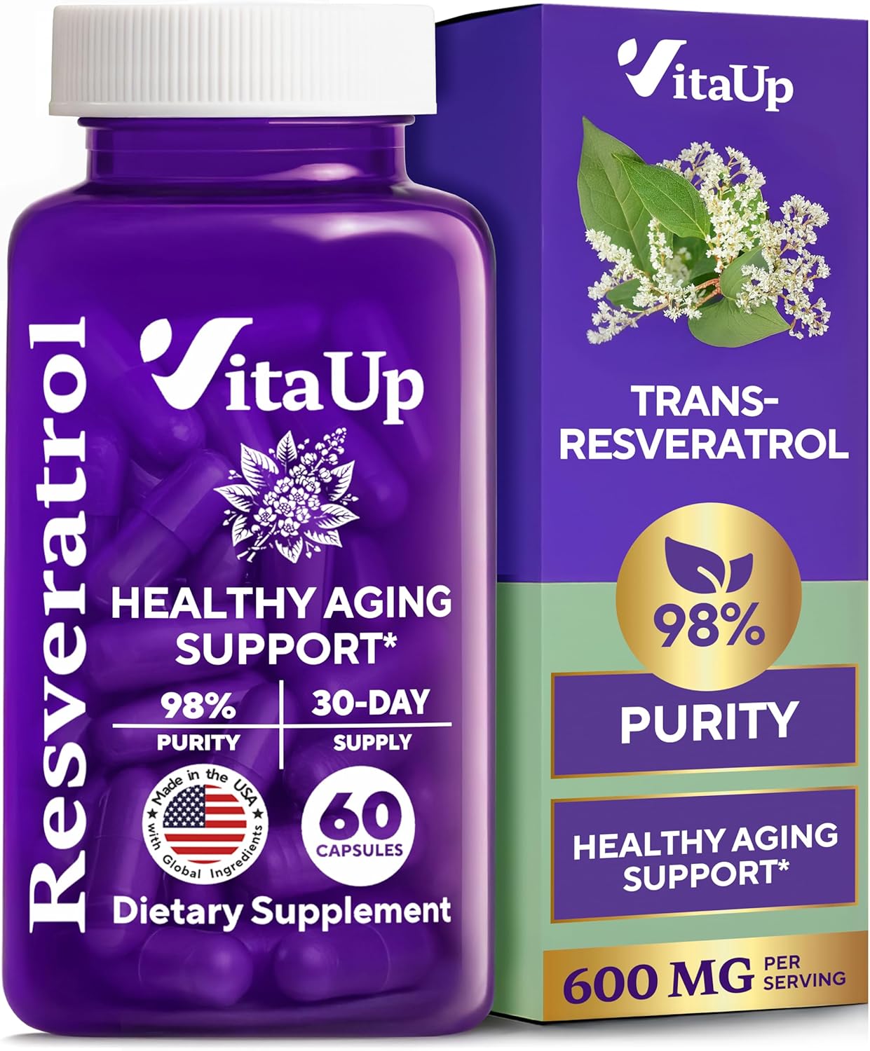 Trans-Resveratrol Supplement - USA Made Resveratrol Capsules 600mg - Antioxidant Supplement for Healthy Aging, Energy & Normal Cardiovascular Support - 60 Count