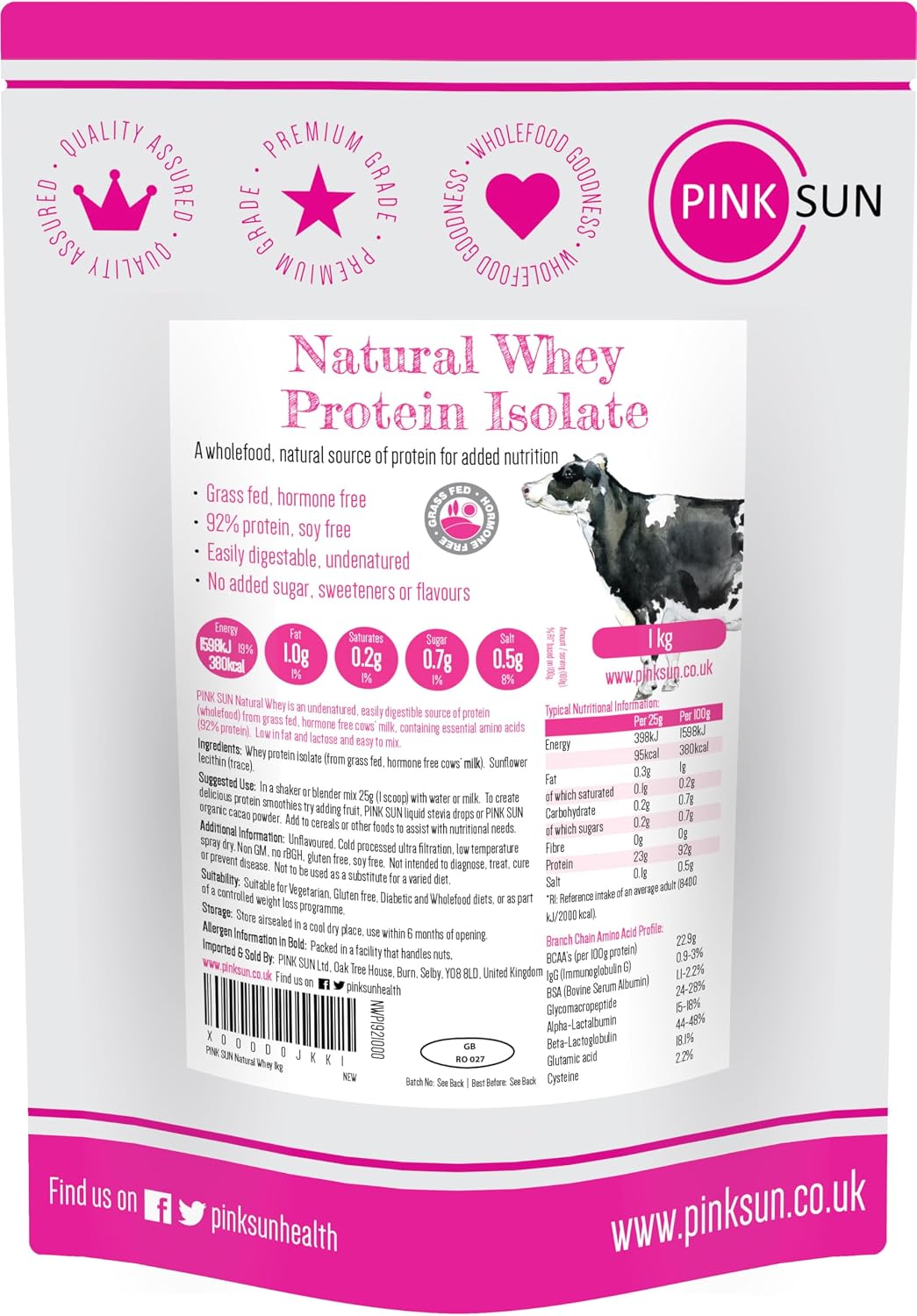 PINK SUN Whey Protein Isolate Powder Unflavoured 1kg (92% Protein) Soy Free Grass Fed Gluten Free Vegetarian Undenatured Non GM Unsweetened Natural Whey UK 1000g