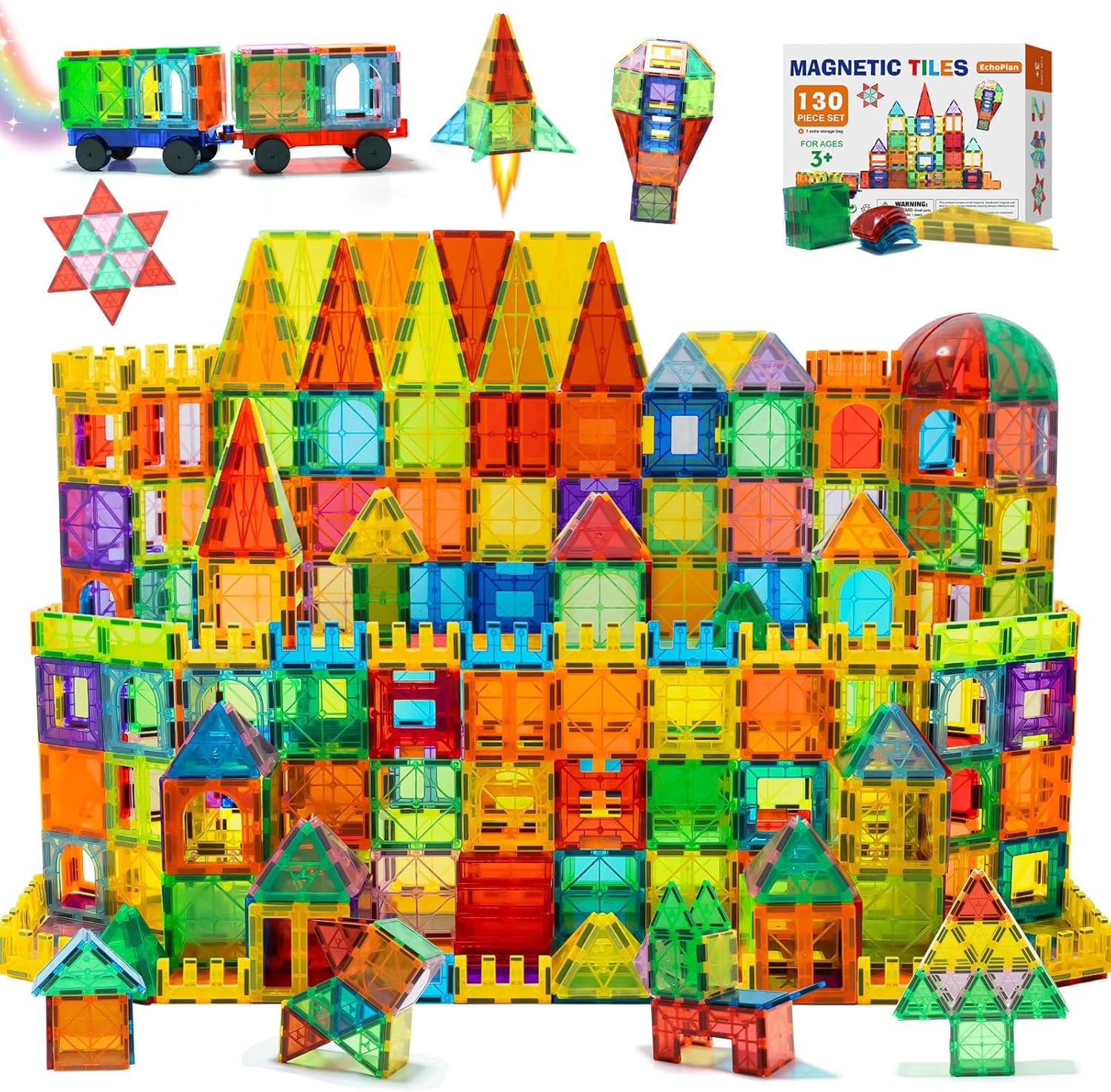 EchoPlan Magnetic Tiles, 130PCS Magnetic Blocks with 2 Cars, Magnet Tiles 3D Clear Building Blocks Set, STEM Sensory Educational Toys Gift for Toddlers Kids Boys 3 4 5 6 7 8 9+ Year Old