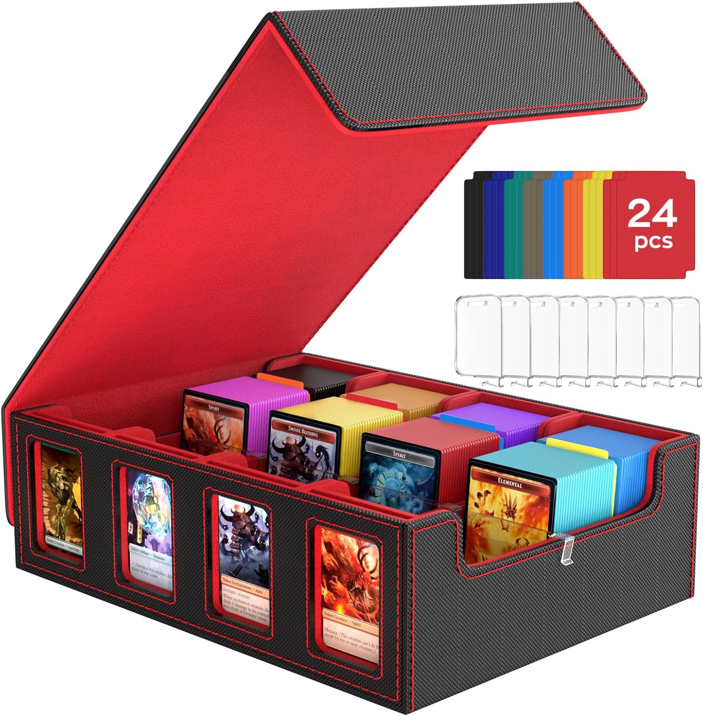 BORISI Trading Card Storage Box, 3000+ MTG Deck Box with 24 Colorful Dividers & 8 Card Supporters, Commander Deck Box with Viewing Windows for Magic Game Cards, YugiOh (Black & Red)