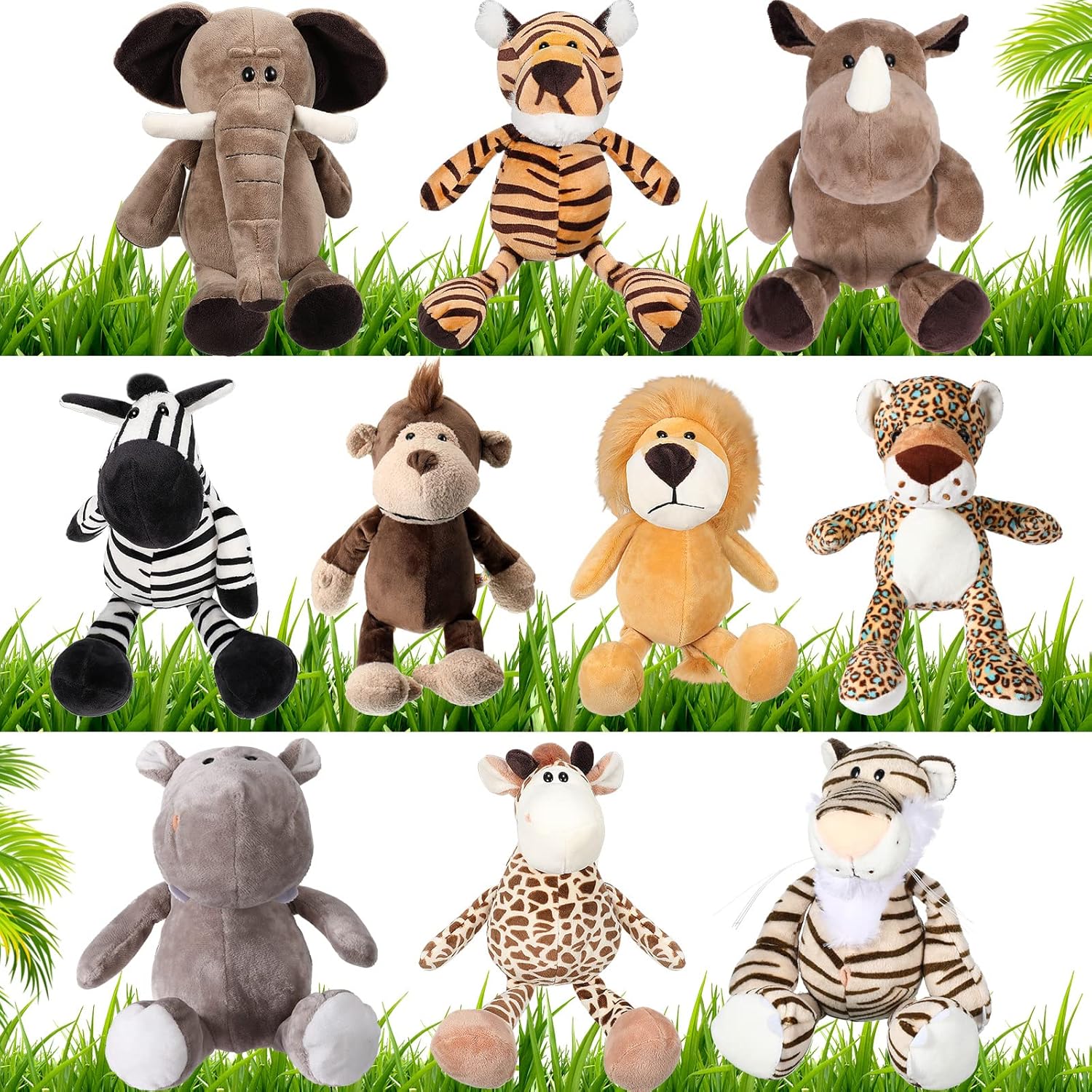 HyDren 10 Pcs Safari Stuffed Animals Plush Jungle Animal Toys for Girls Boys, Elephant Giraffe Lion Tiger Monkey Rhinoceros Zebra White Tiger Leopard Hippo for School Classroom Achievement Award