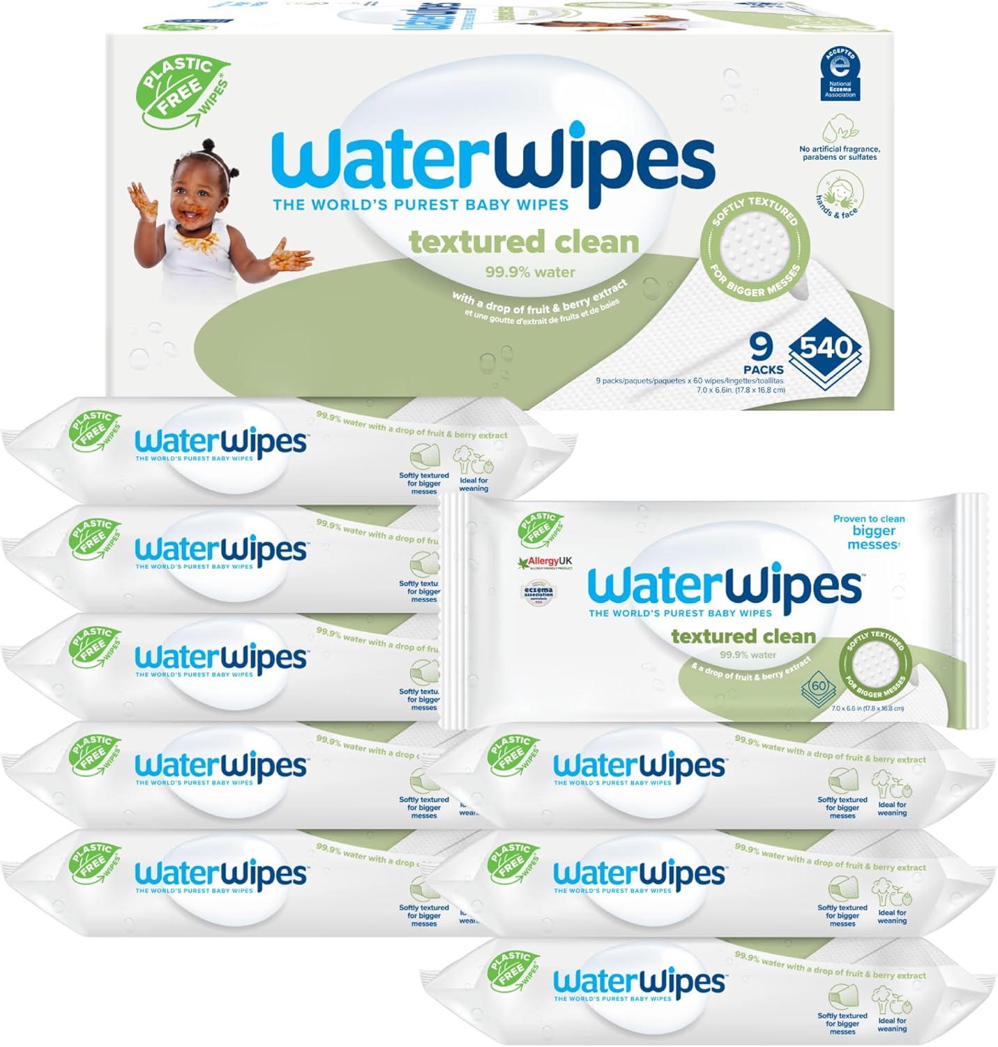 WaterWipes Plastic-Free Textured Clean, Toddler & Baby Wipes, 99.9% Water Based Wipes, Unscented & Hypoallergenic for Sensitive Skin, 540 Count (9 packs), Packaging May Vary