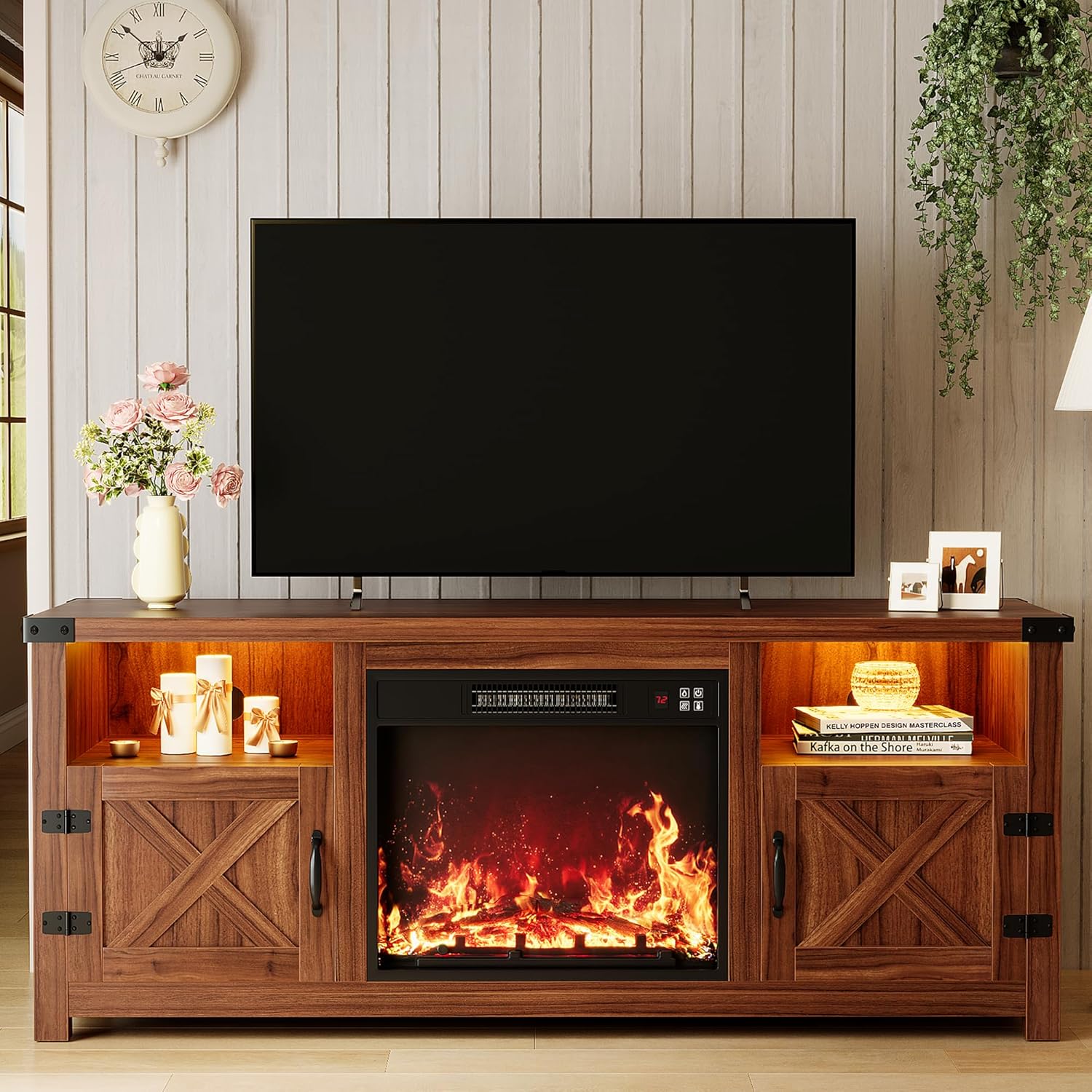 YESHOMY LED Fireplace TV Stand with Mood Lighting, TV Cabinet with Open Shelf, Farmhouse Media Console with Hidden Cable Routing, Entertainment Center for Televisions up to 65+ Inch, Walnut