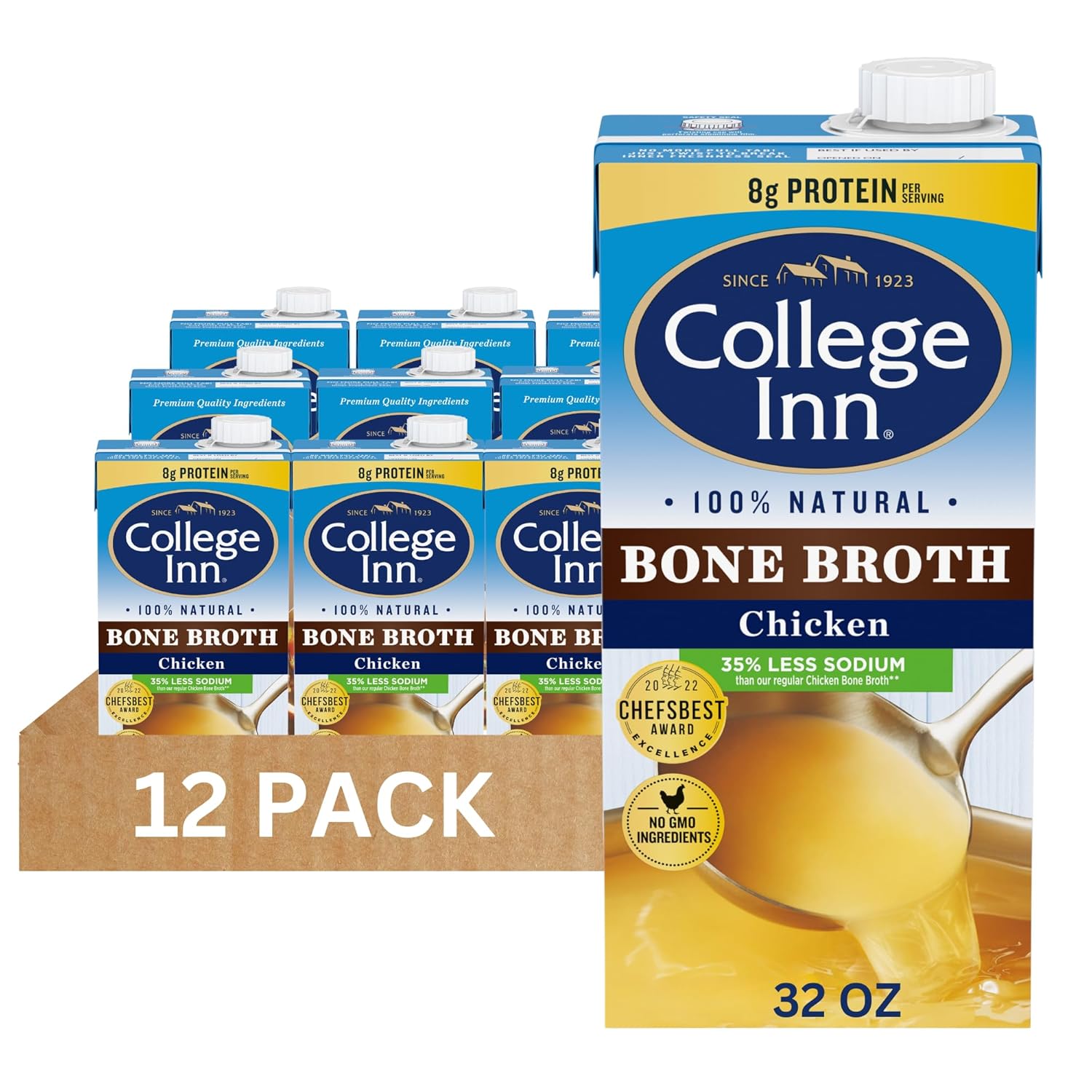 College Inn 100% Natural Reduced Sodium Chicken Bone Broth Carton, 32 Oz (Pack of 12)