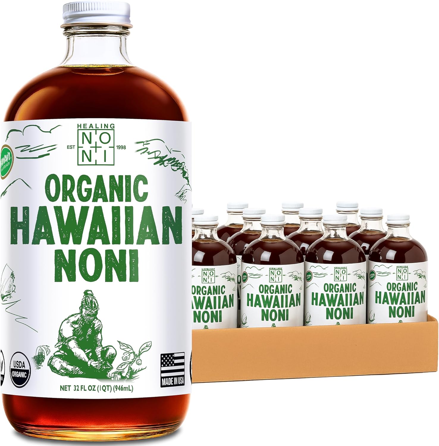 Healing Noni - 100% Pure Noni Juice - USDA Organic, Full Strength, Wellness Drink, Hawaiian-Grown Superfood - (32oz, 12 Pack)