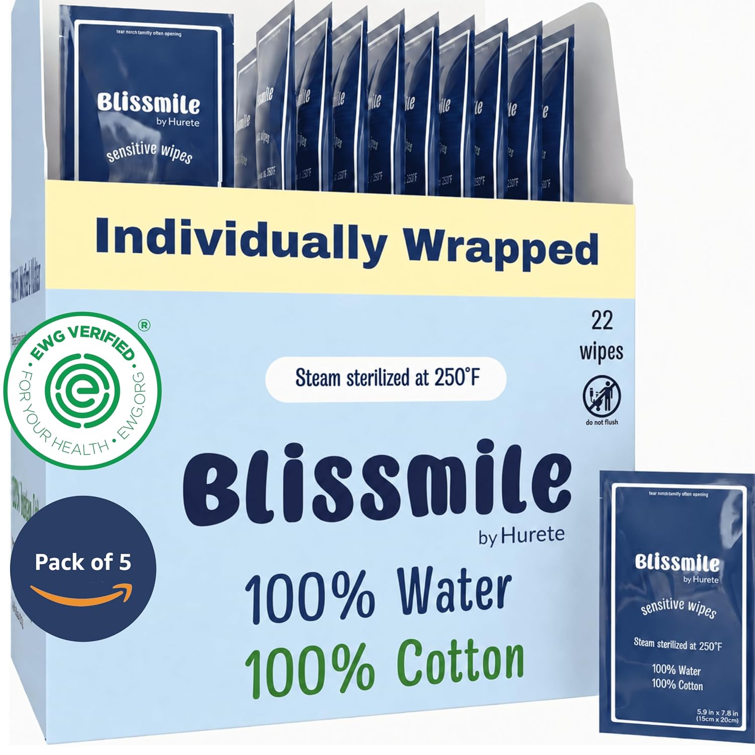 Blissmile 100% Water Wet Wipes, Individually Wrapped Travel Size - 110 ct