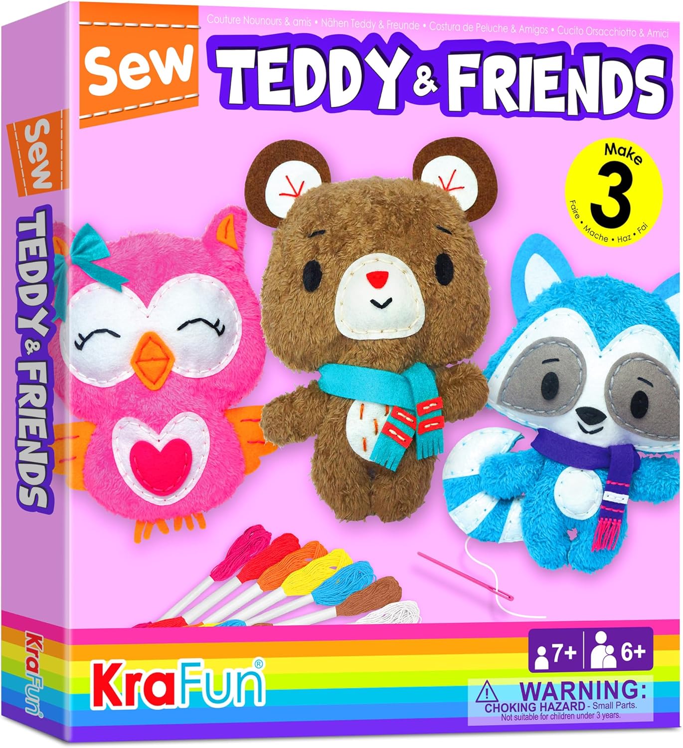 KRAFUN Sewing Kit for Kids Ages 7-12, Beginner Art & Craft Set with 3 Stuffed Animal Dolls (Teddy, Raccoon, Owl), Plush Felt Materials, Embroidery Supplies, and Instructions for Learning to Sew