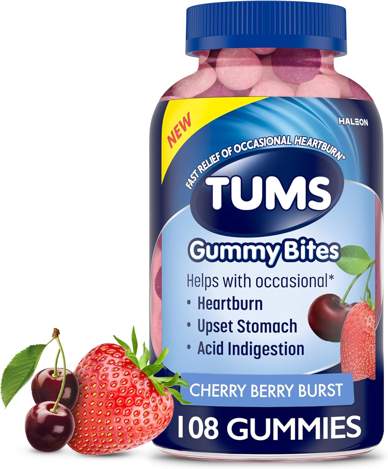 TUMS Gummy Bites Dietary Supplement for Occasional Heartburn Relief, Upset Stomach and Acid Indigestion, Great for a Summer BBQ - Cherry Berry Burst - 108 Count