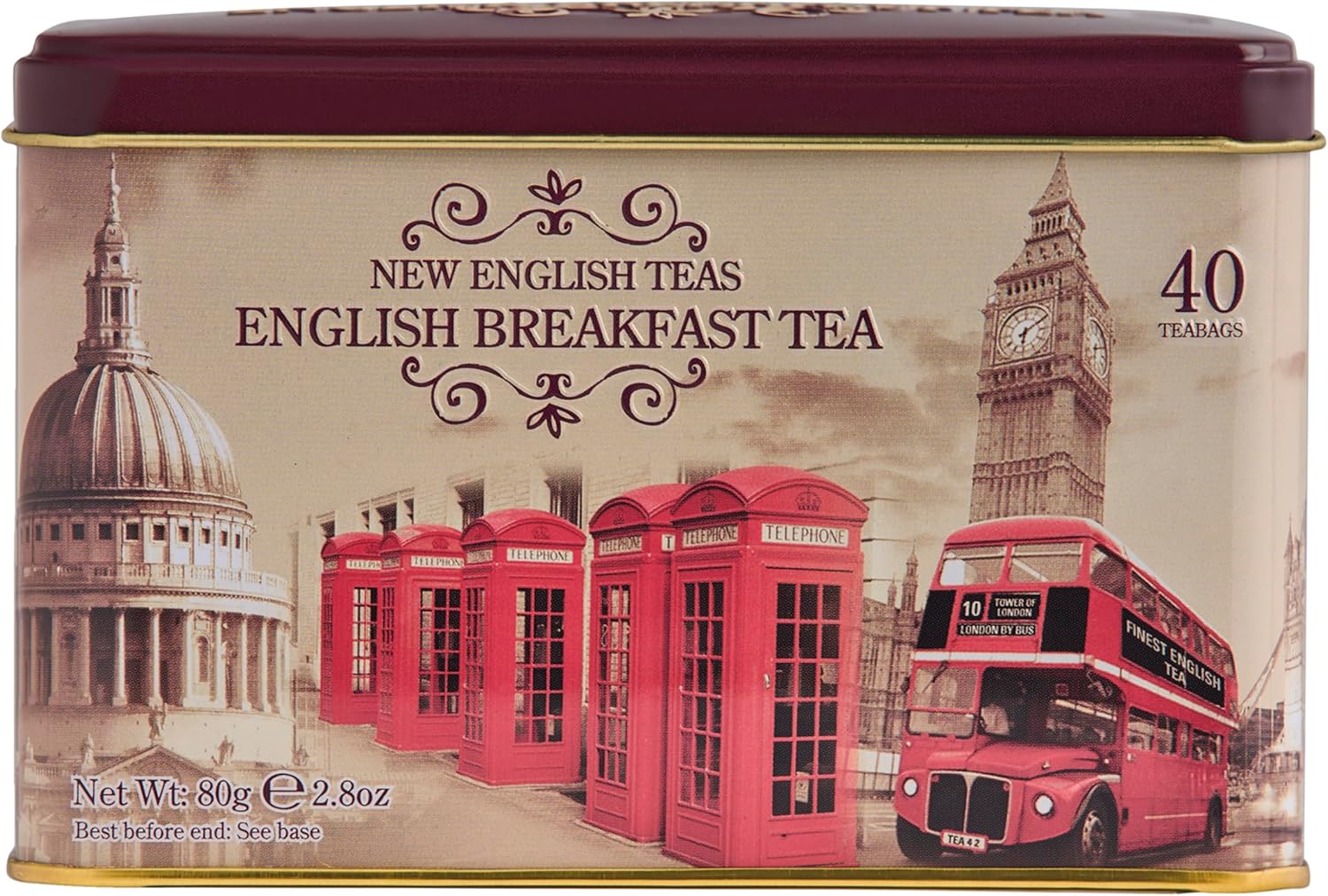 New English Teas Vintage London Tea Tin with 40 English Breakfast teabags