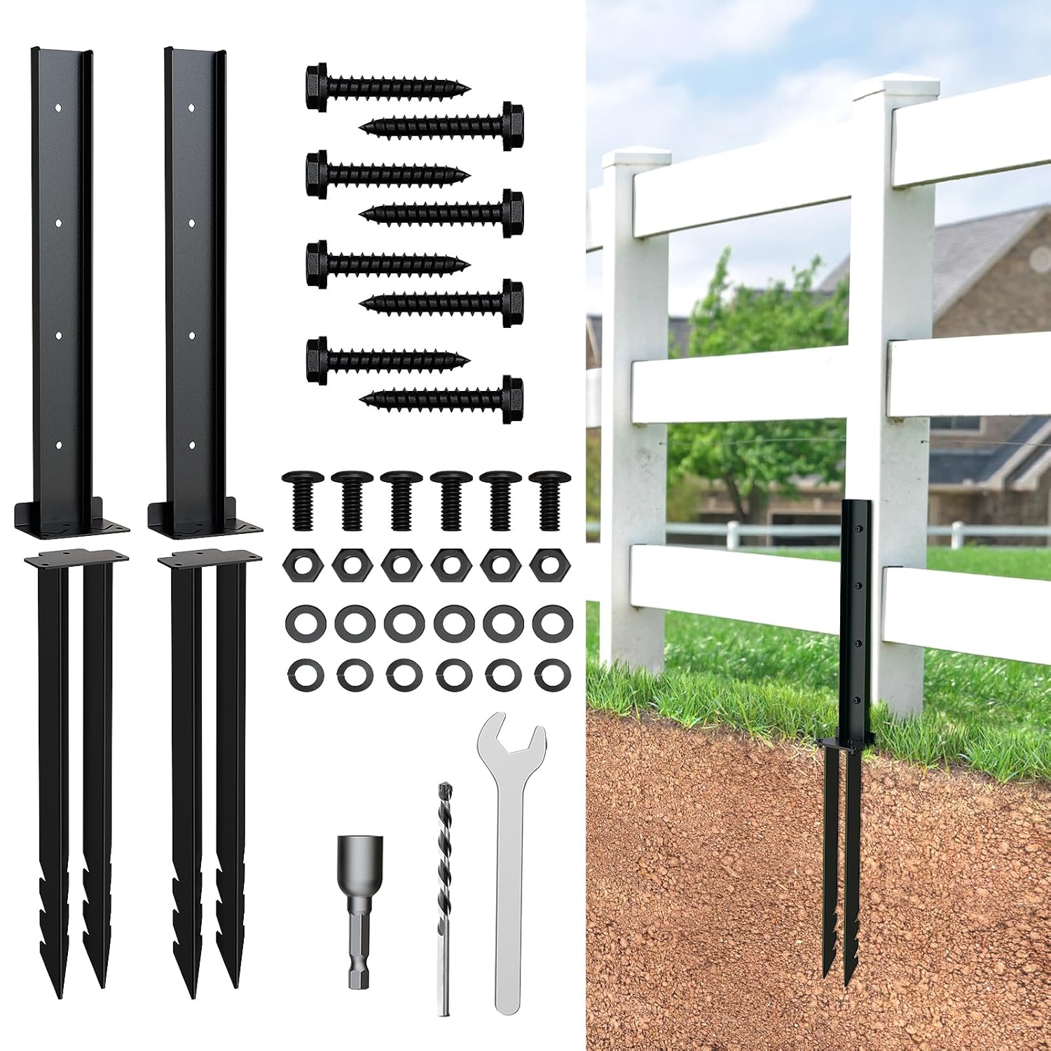 WELDUN Fence Post Repair Stakes Kit, Heavy Duty Metal Fence Post Nails, Fence Post Supports, Fixed Anchor Ground Nails for Repairing or Reinforcing Wooden Fence Posts, 2-Pack