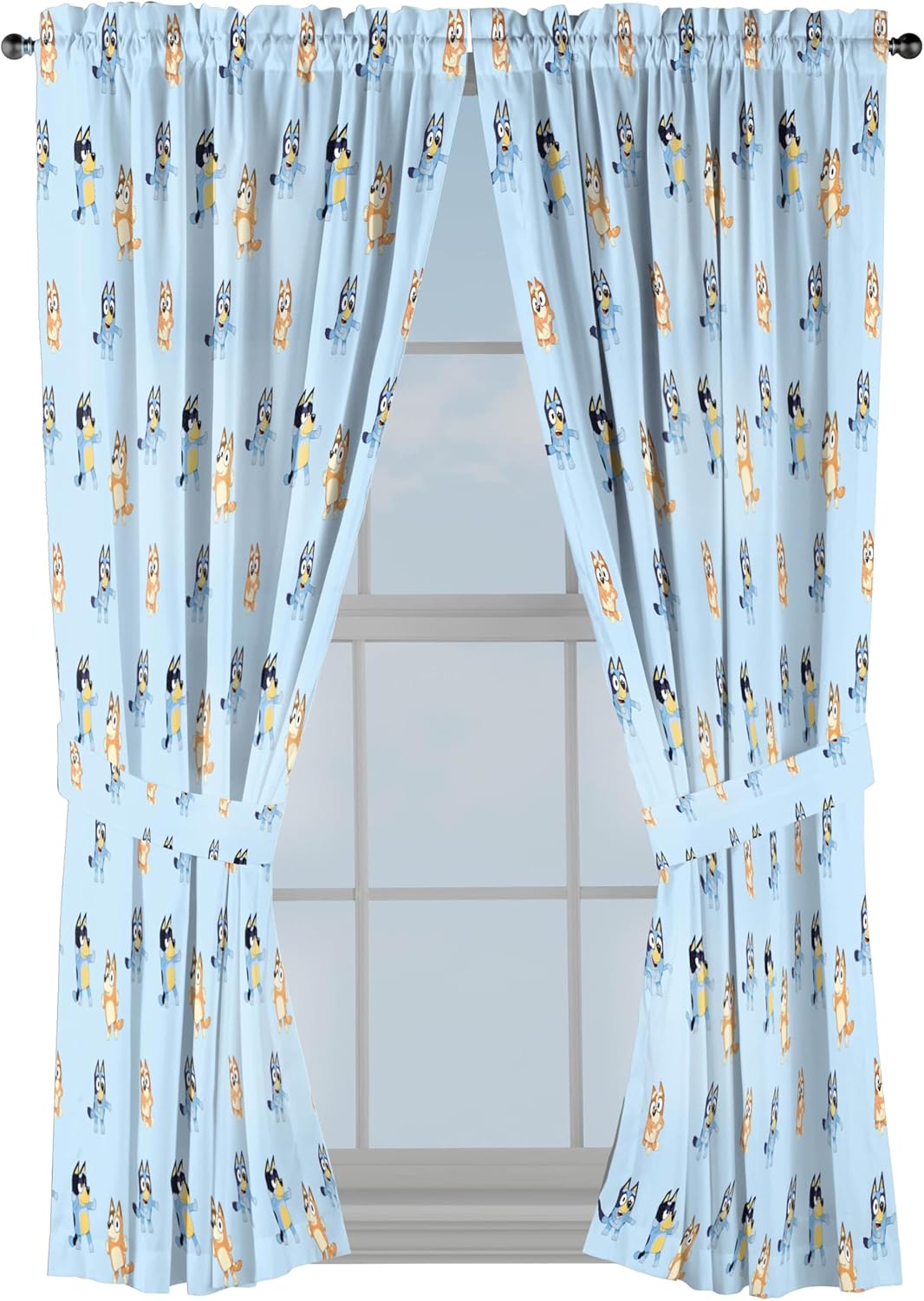 Jay Franco Window Curtains for Kids Bedroom 4-Piece Drape Set with 2 Tiebacks, Blue - Bluey & Bingo, 42" W x 63" L (Pack of 2)