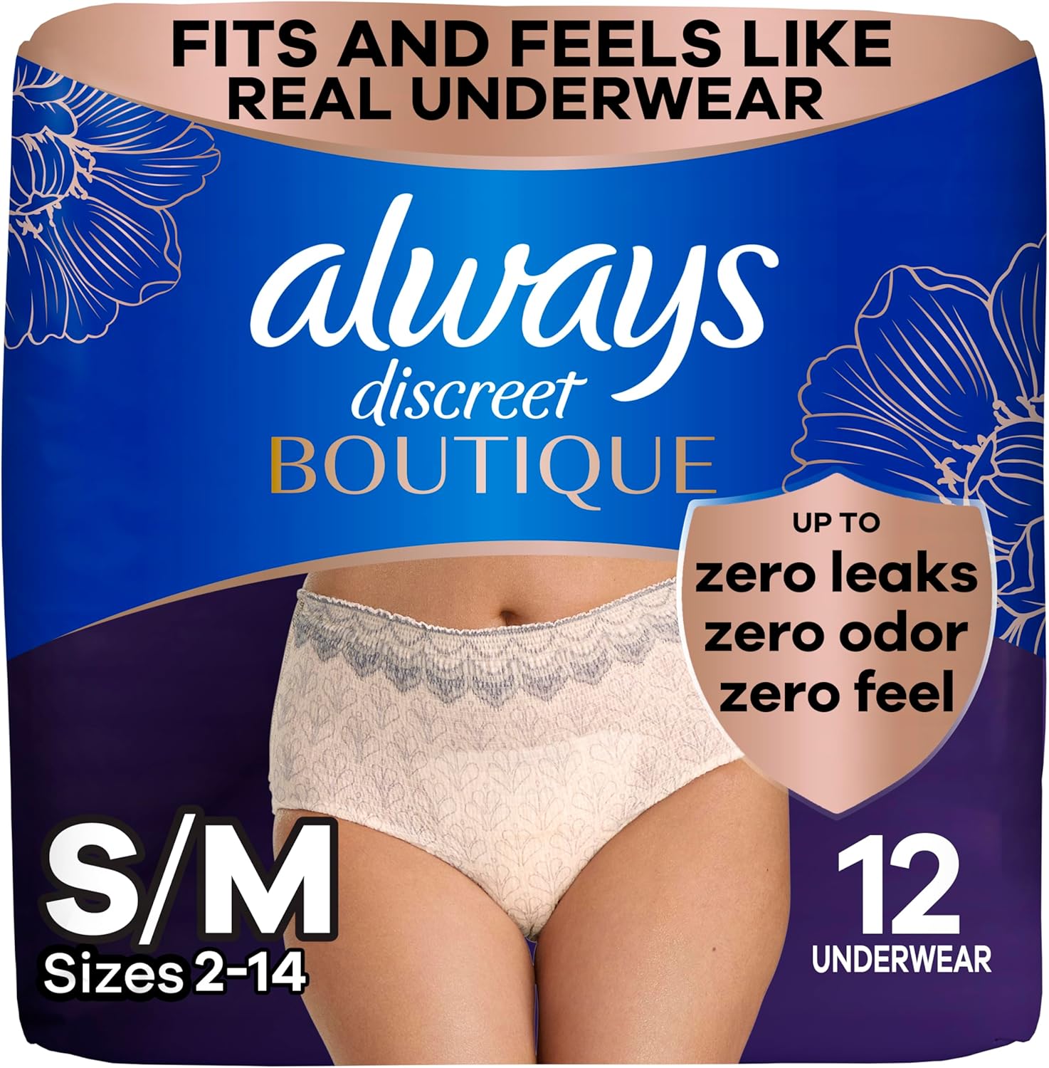 Always Discreet Boutique Adult Incontinence & Postpartum Underwear for Women, High-Rise, Size Small/Medium, Rosy, Maximum Absorbency, Disposable, 12 Count (Packaging May Vary)