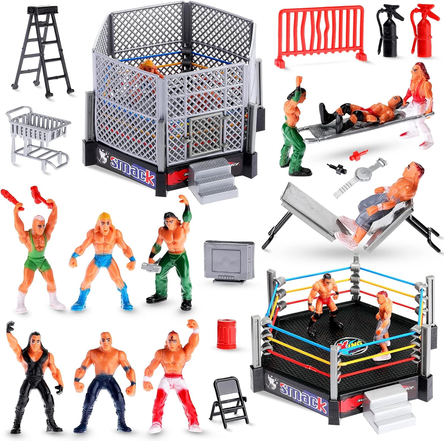 Skylety 32 Pieces Wrestling Toys Wrestler Warriors Toys with 12 Mini Wrestlers Action Figures, 20 Realistic Accessories Realistic Action Wrestling Figures Playset Gifts Favors for Boys and Girls