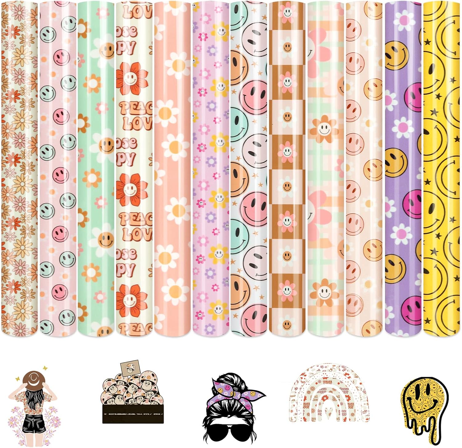 Tintnut Heat Transfer Vinyl - 12 Sheets 12 x 10 inches Retro HTV Groovy Heat Transfer Vinyl Daisy Patterned HTV Iron on Vinyl for Tshirts DIY Compatible with Cricut or Silhouette Cameo