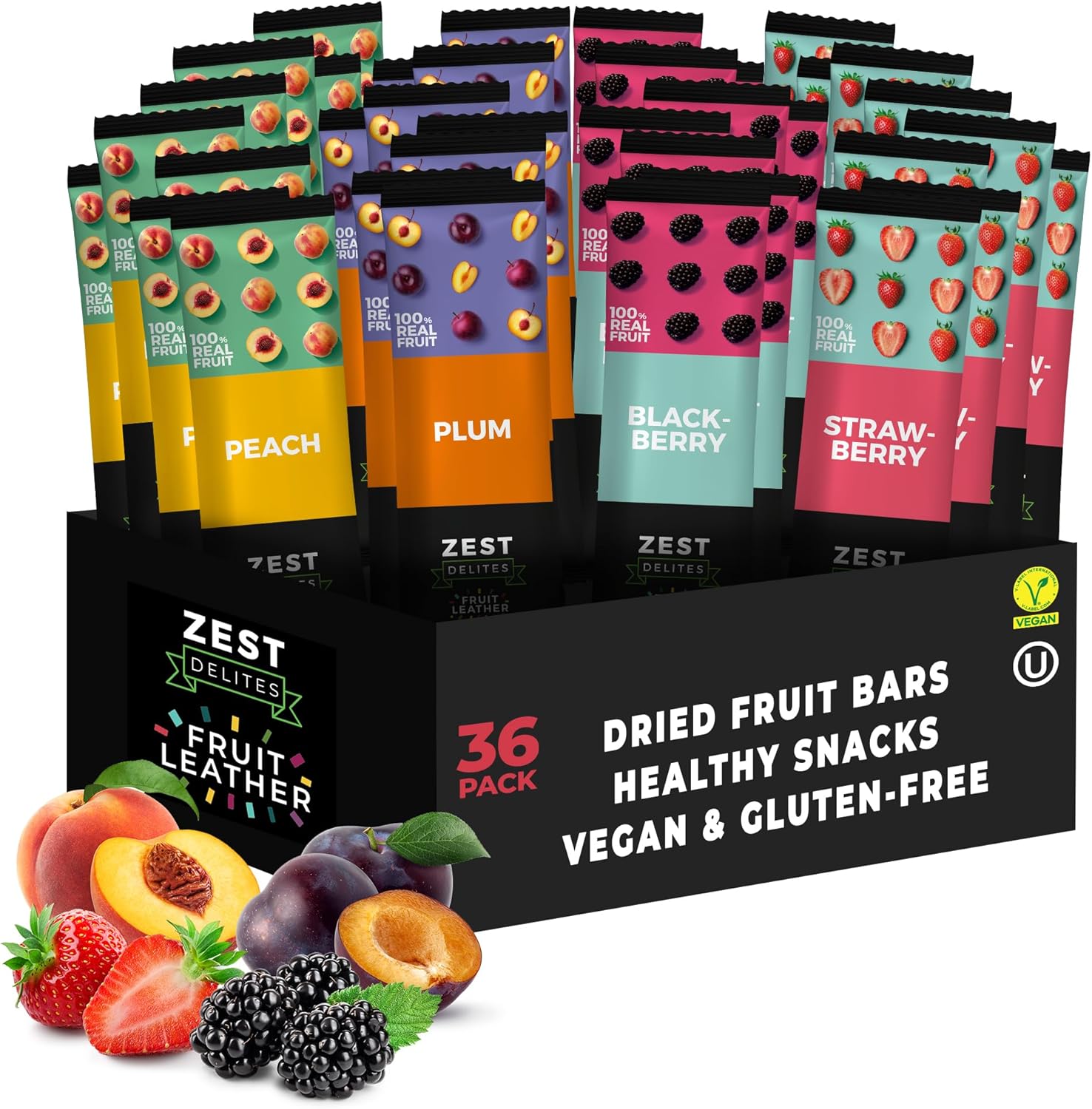 Fruit Snacks by Zest Delites, Dried Fruit Leather Bars, Healthy Snacks for Adults, Vegan, Lavashak, Healthy Sweets, Blackberry, Strawberry, Peach, Plum, 25g x 36