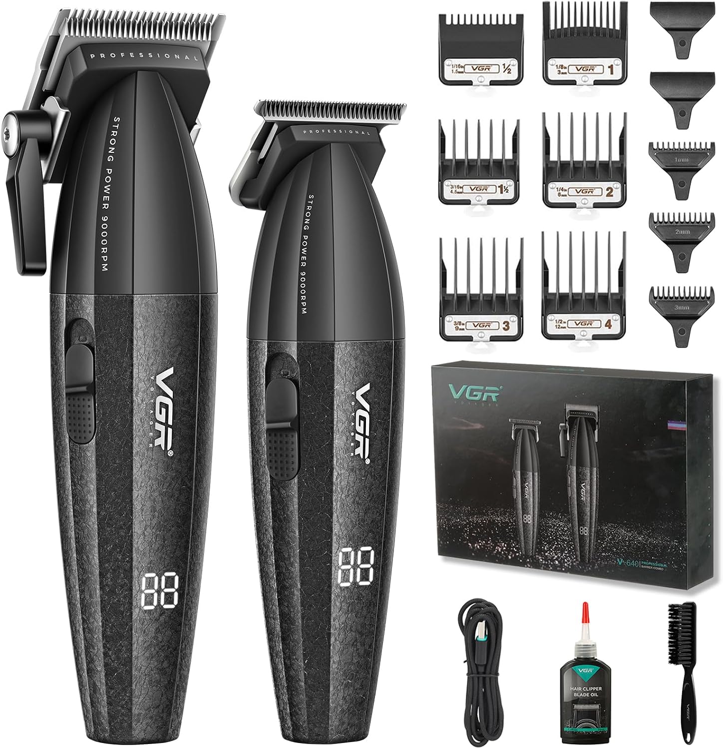 VGR 640 Professional Hair Clippers for Men, 9000RPM Cordless Barber Clippers and Trimmers Set, Zero Gap T-Blade Hair Cutting Kit, DLC Coated Ceramic Blade Barber Kit with LED Display(Black)