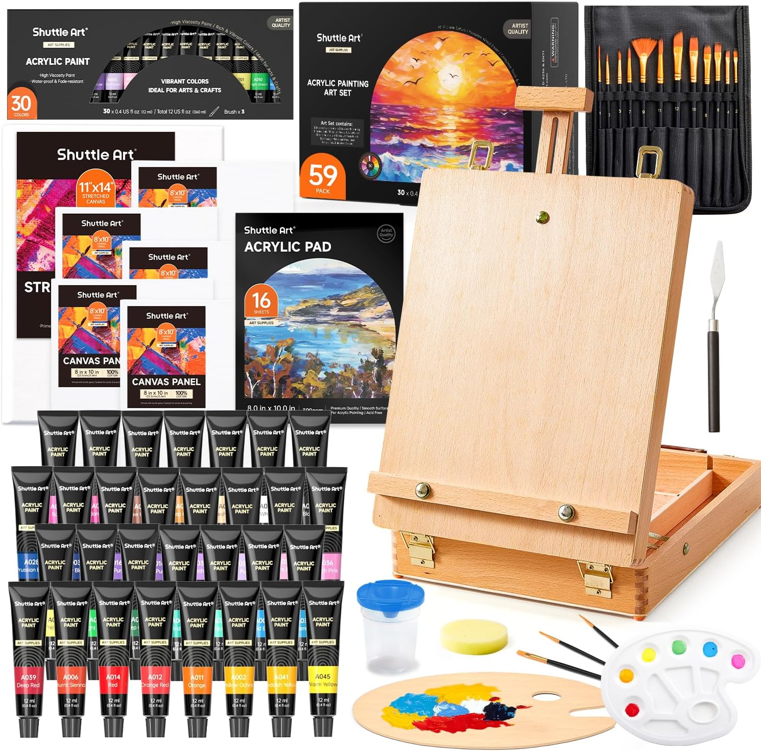 Shuttle Art 59 Pack Acrylic Painting Set, Professional Deluxe Art Set with Table Top Easel, 30 Colours Acrylic Paints Set, Canvas, Brushes, Complete Drawing Set for Adults, Kid, Artists, Art Supplies