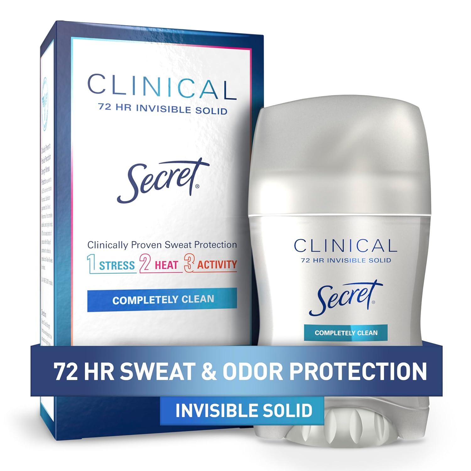 Secret Clinical Strength Antiperspirant and Deodorant for Women, 3X Stress Sweat Protection, PH Balancing Minerals, Invisible Solid, Completely Clean Scent, 1.6 oz