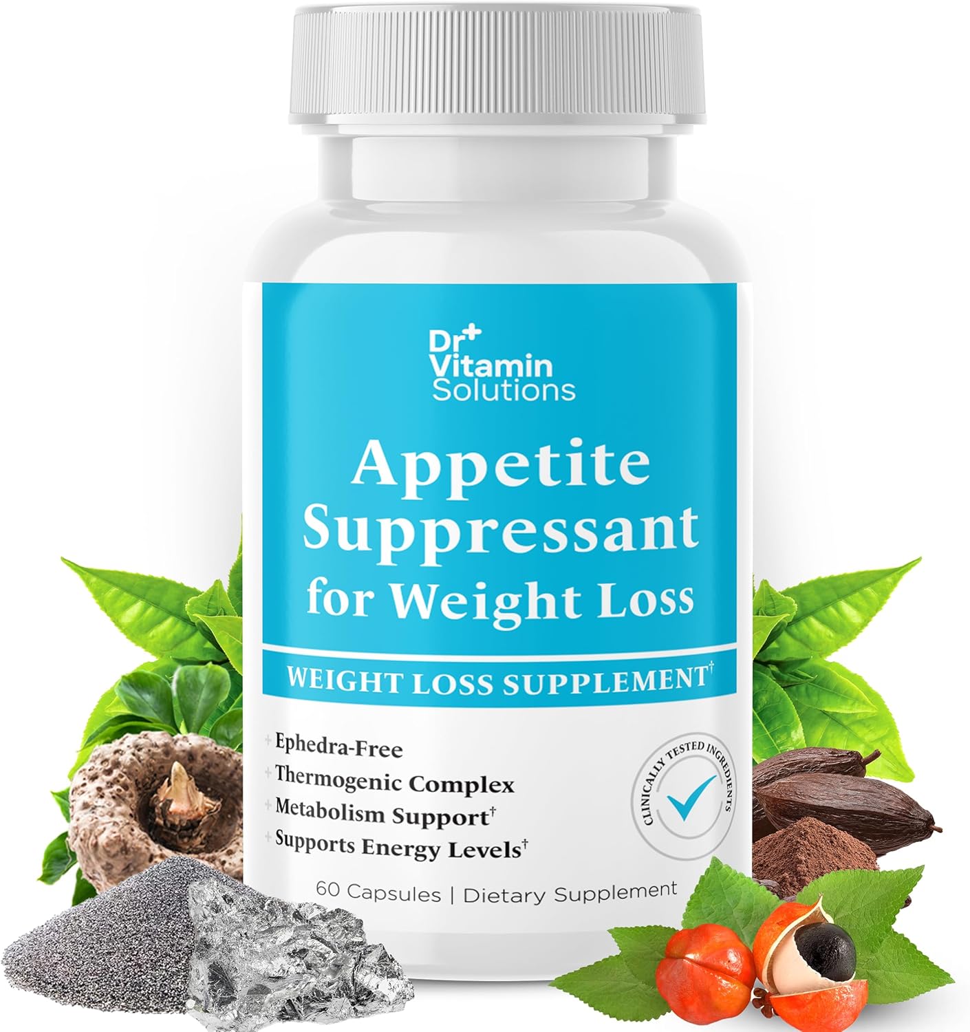 DR VITAMIN SOLUTIONS Appetite Suppressant for Weight Loss - Pills for Women w/Garcinia, Ginger Root, Guarana - Fat Burners, Metabolism Booster for Women & Men (1 Bottle, 60 Capsules)