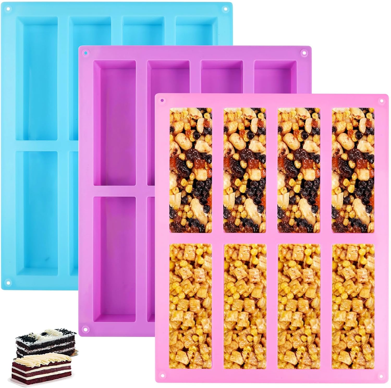 Surflyee 3PCS Silicone Granola Bars Mould 8 Cavity Rectangle Chocolate Energy Cereal Bars Moulds, Silicone Bar Mould for Protein Candy Fudge Bars