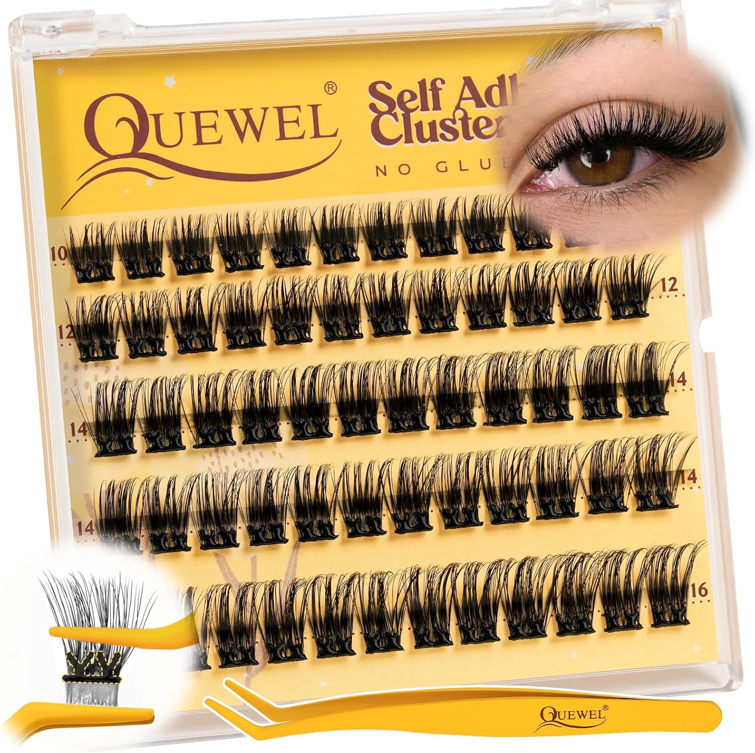 QUEWEL Pre Glued Eyelashes Cluster Kit Natural Lash Clusters, D Curve Pre Glued Cluster Lashes, Strong Hold 10-16MM No Glue Needed Self Adhesive Lashes Kit at Home(MJ04)